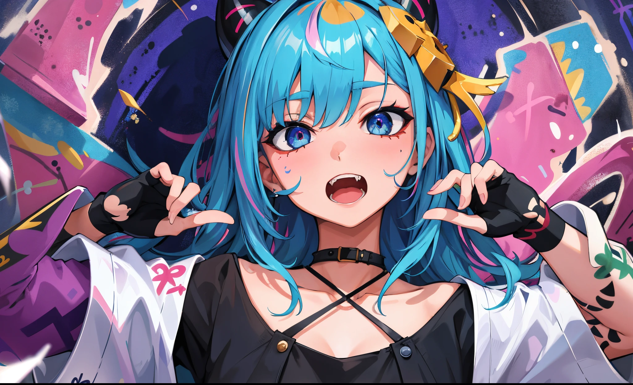 masterpiece, high quality, highres, absurdres, ultra-detailed, detailed eyes, 8k, 1girl, colorful eyes, fangs, open mouth, blue eyes, bangs, hair ornament, colorful background, (graffiti mural walls background), looking at viewer, vibrant, contrast