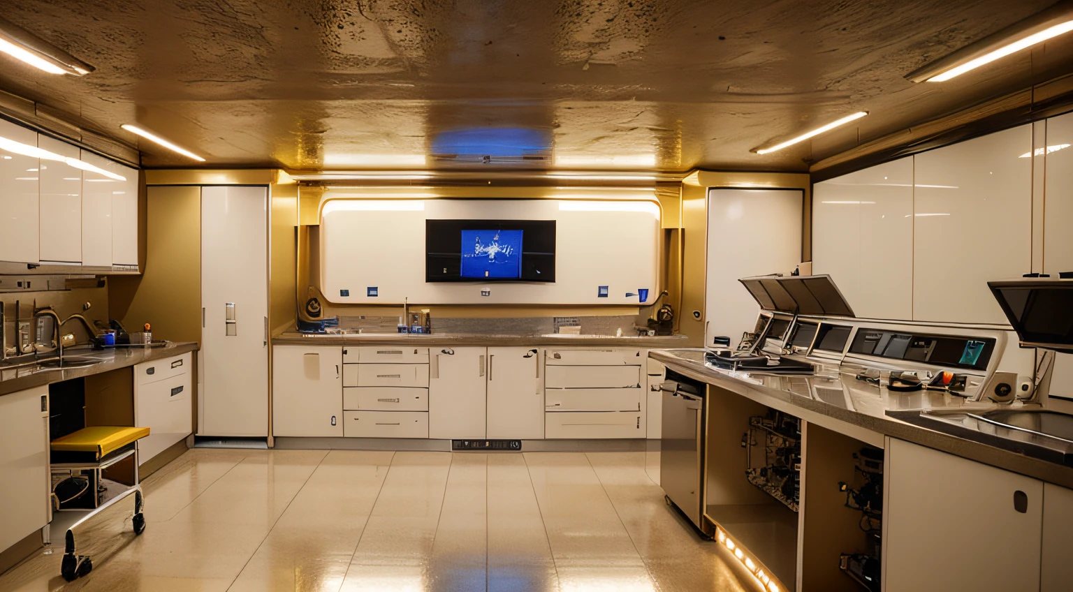 Inside a high-tech laboratory on Mars. For many scientists, their equipment has a strong metallic texture, a modern feel, a sense of technology, and ultra-wide-angle lenses. The picture is bright and realistic, with photographic effects and golden section composition.