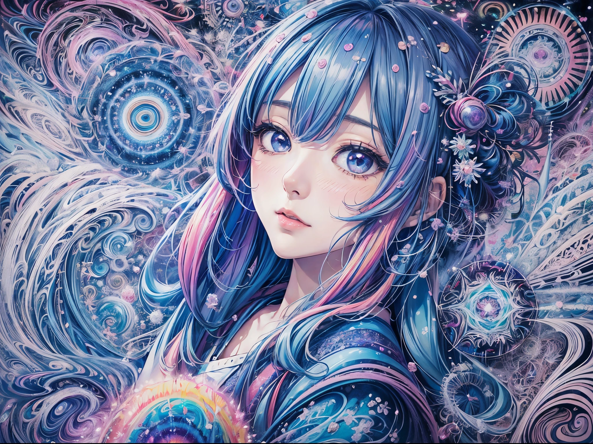 top-quality、masutepiece、1womanl、独奏、20yr old,(abstract art:1.4),(Psychedelia Theme:1.4),(Blue World)、There is a beautiful woman at the center of the world,A ray of light spreads,Snow and ice crystals spreading from the center,Diamond Dust,prisma