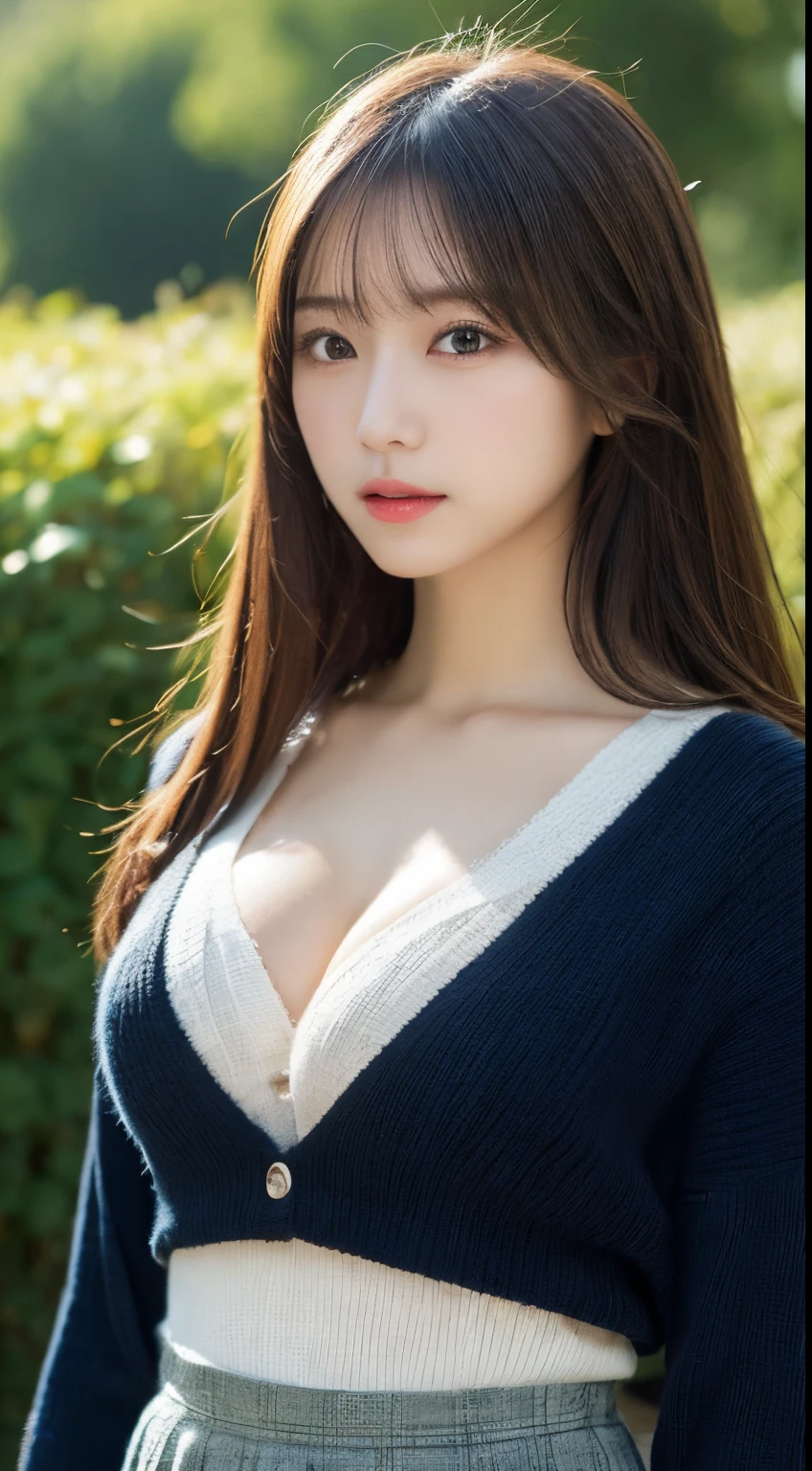 masutepiece, Best Quality, Illustration, Ultra-detailed, finely detail, hight resolution, 8K Wallpaper, Perfect dynamic composition, Beautiful detailed eyes,  Natural Lip,knit:1.9,pleatedskirt, cleavage,Full body