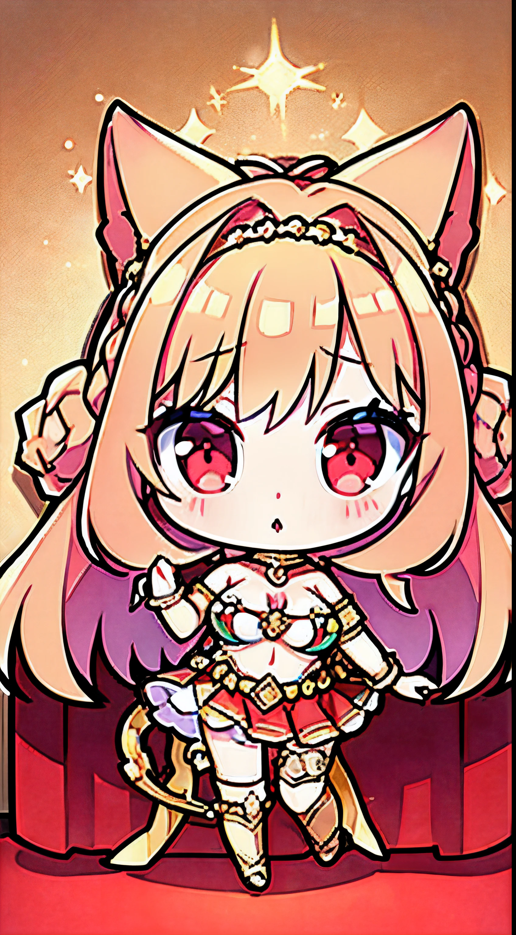 masterpiece, best quality, ultra-detailed, 1girl, solo, looking at viewer, (curvy:1.1), large breasts, pink hair, long hair, bangs, twin bun bun hair with braids, pink eyes, , (breasts apart:1.3), groin, (pasties:1.3), neck ring, armlet, bracelet, (thighlet:1.2), (transparent white cape golden fur line:1.2), (crown hair ornament:1.1), navel piercing, (chain:1.1), (gold:1.3), (gold trim:1.2), standing, arm up, full body, anklet, on bed, red outfit, red bra, red transparent break long skirt, net stockings, full body, heels, goddes dress, aphrodite, all in red outfits, stand up, fur, golden fur, circle round braided hair