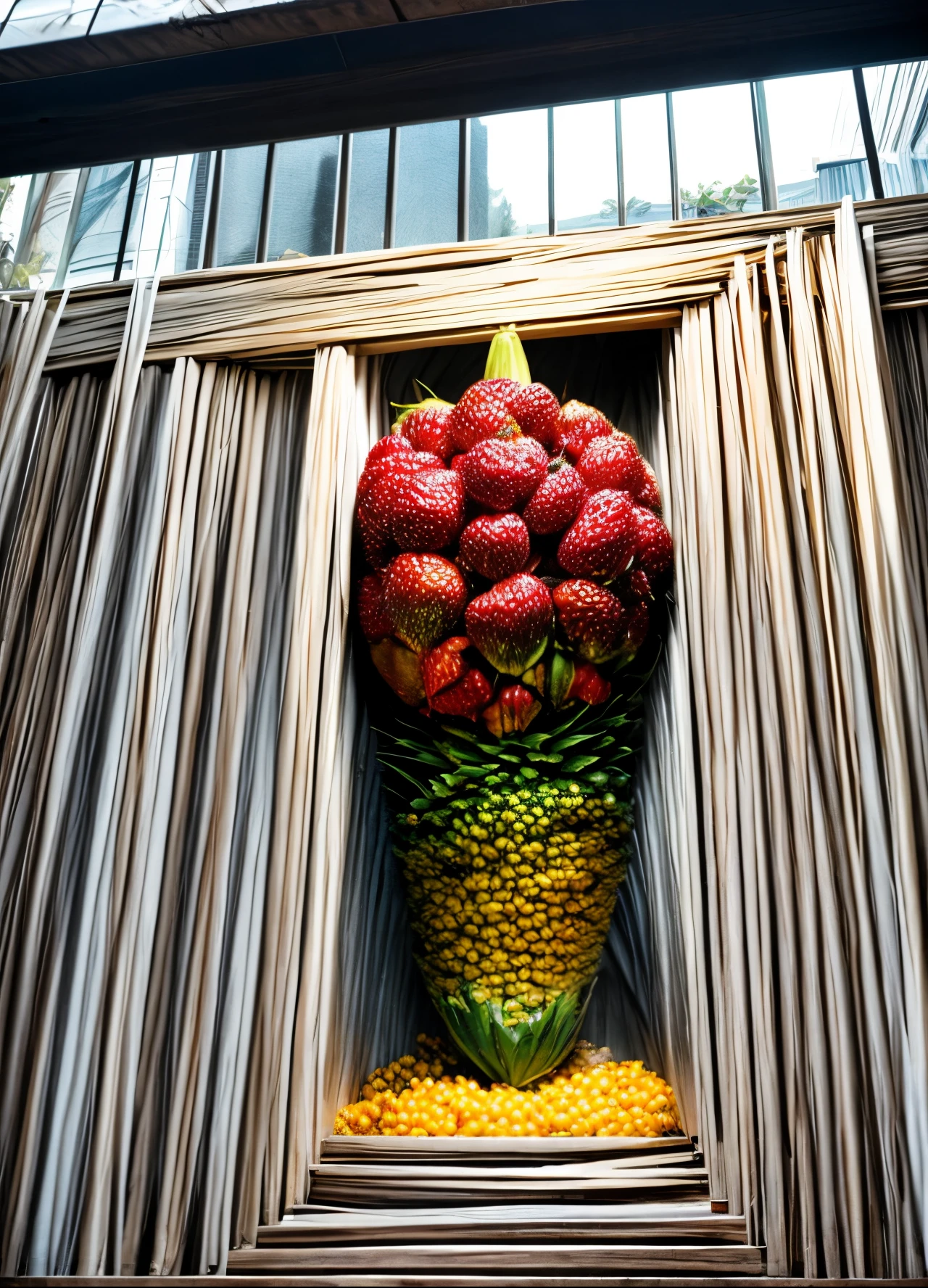 Uma fruta manga gigante com um topete em cima