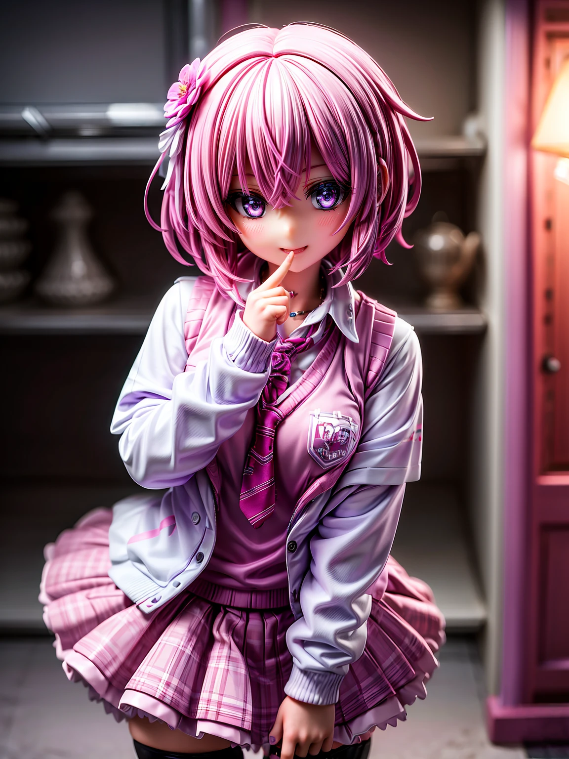 PH Momo, momohd, phmomo, Solo, 1girl in,  Pink hair, Purple eyes, Short hair, Hair Flower, Sweater Vest, School uniform, Big eyes, plaid skirts, black thighhighs,embarrassed