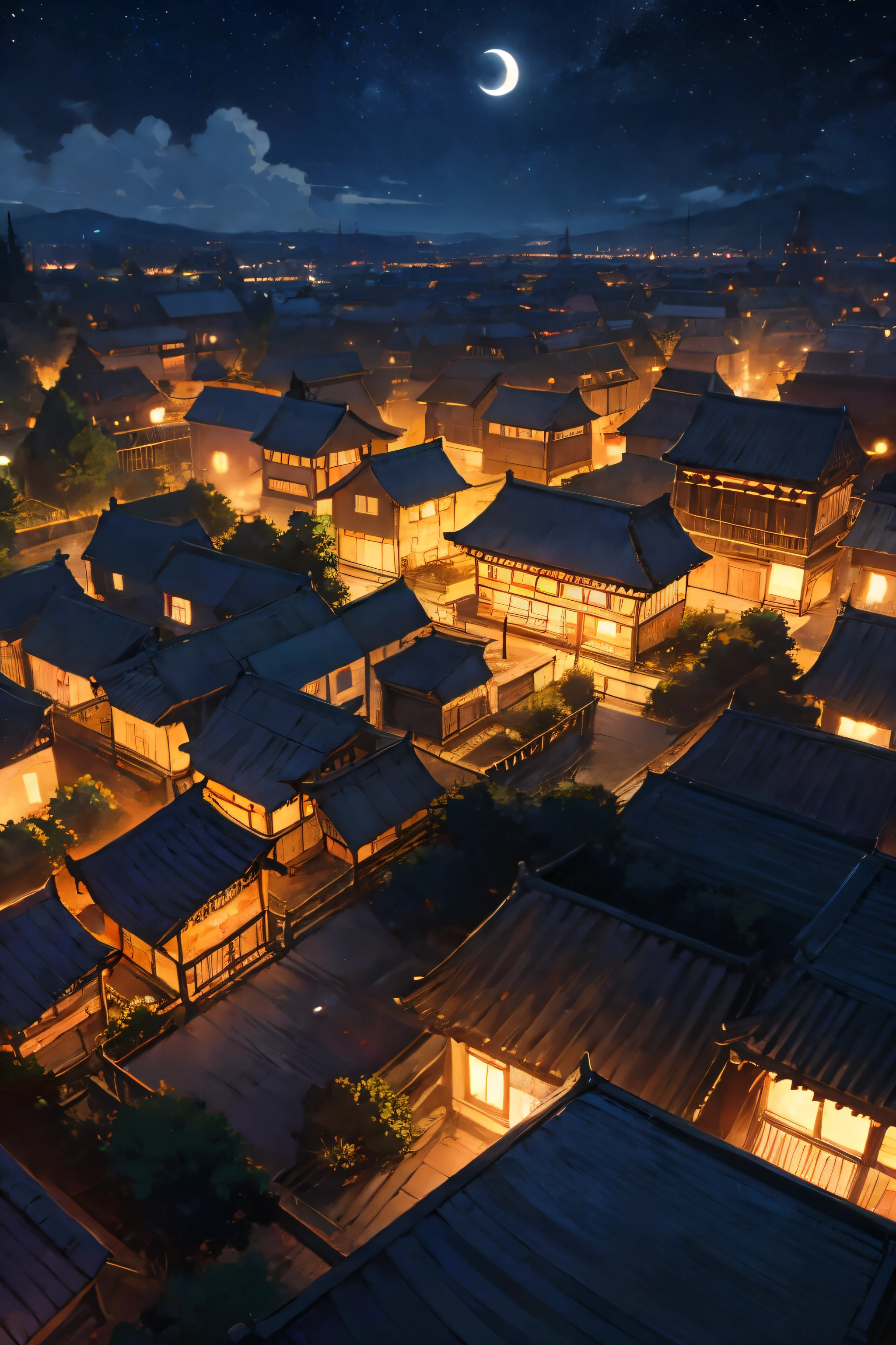 An anime village at night