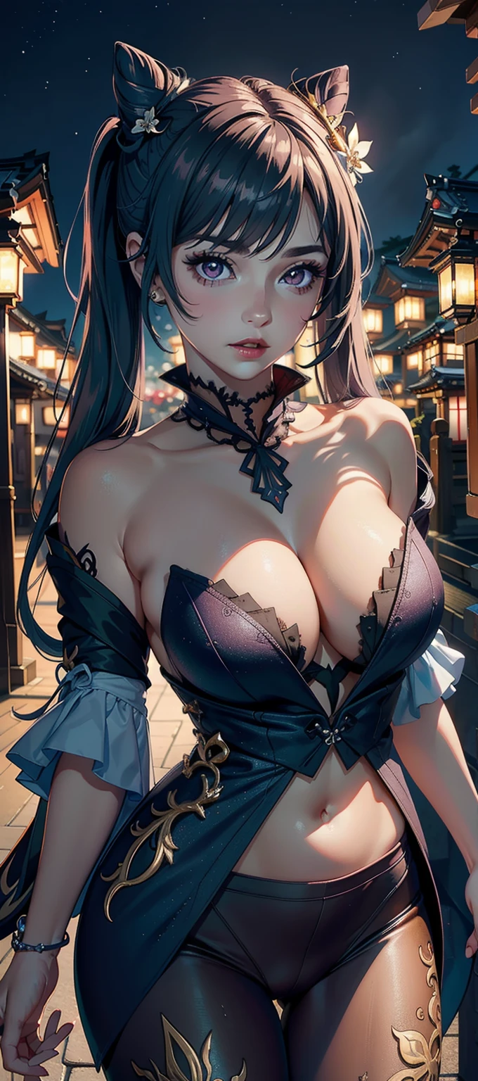 ((masterpiece)),(bestquality),((ultra-detailed)), ((beautiful detailed sky)), ((cinematic lighting)), depth of field, (dynamic angle),detailed lighting,(beautiful detailed eyes), ((japan night view)),red lip, eyeshadow,large breast, (erotic), ((sexy)), cleavage, navel, (keqingdef, keqingrnd)