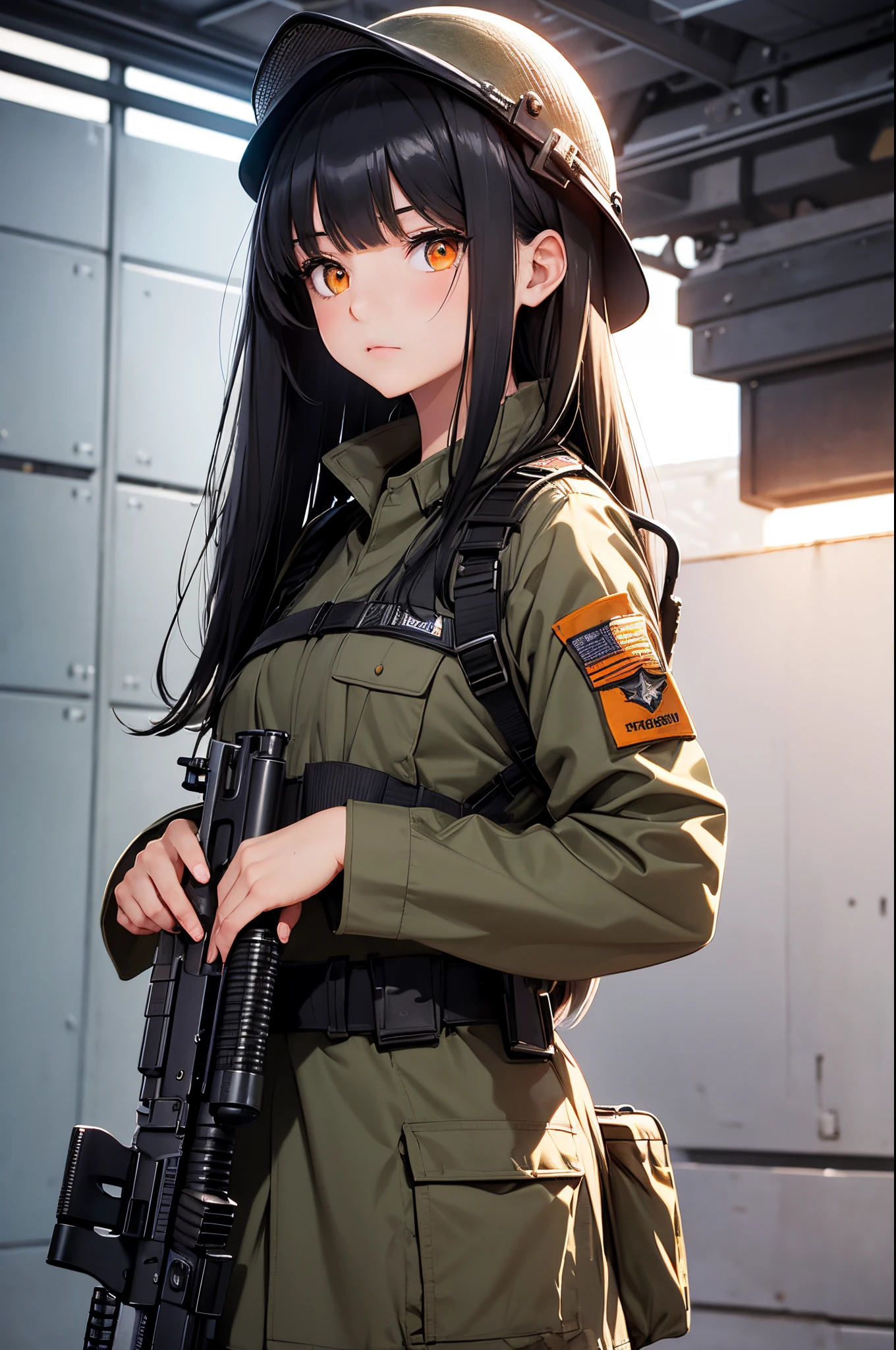 (8K Ultra High-Quality) (Masterpieces) 1 Girl, Solo, long black hair, orange eyes color, wearing US Army Uniform from Vietnam war, carrying M16A1 Rifle, wearing US Army net helmet, holding M1911A1 Pistol, nervous face looking at viewer.