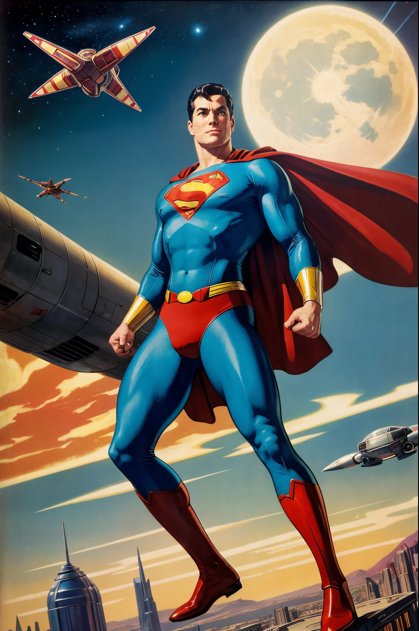 one muscle, Powerful Superman in a dynamic flying pose, with a confident and determined expression on his face, retrofuturistic of tomorrow industrial district, standing in front of a building, western animation diffusion, retro sci - fi art, 60's sci-fi pinup style, 60's sci-fi pinup, vintage sci - fi art, scifi man, retro pulp art, as a retrofuturistic hero, 5 0 s pulp scifi illustration, ( art fitzpatrick ), as a retro futuristic hero, gorgeous colored sky cluttered with flying things, looking directly at you :: populuxe aesthetic :: 1950s palette, high res, ultrasharp, 8k, masterpiece