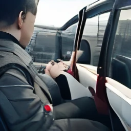 In a car the girl wearing a coat gray and skirt gray the boy holding a camera in a 0.5 and smile. A boy wearing a black polo and pants