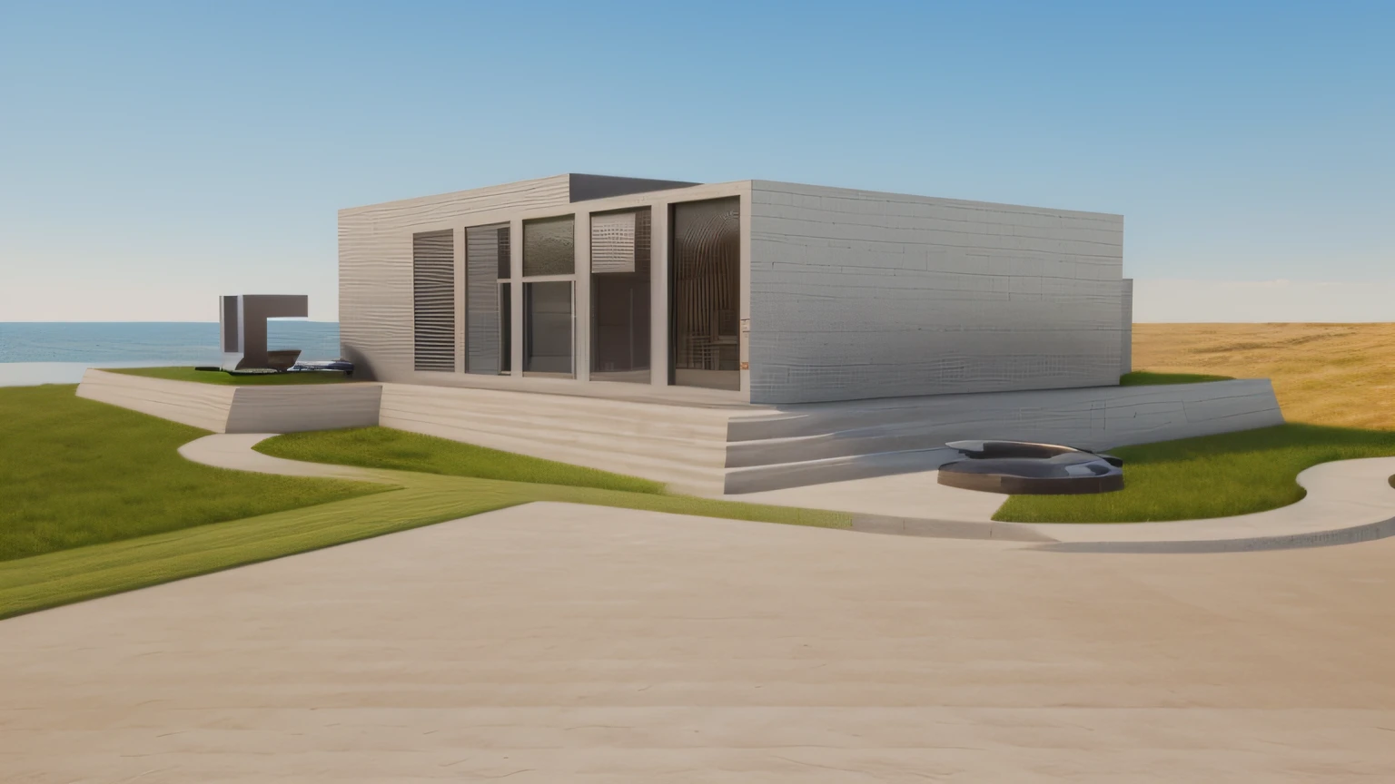 A rendering of a plaza in front of one office building, stone pathway to building and from right to left, one steel sculpture on the left and one steel sculpture on the right, hilly grass between building and plaza, ((nice grass lawn)) beautiful sky, daylight, bright daylight, two-point perspective, human perspective, realistic, masterpiece, ultra-detailed, 4K, photographic rendering, commercial building