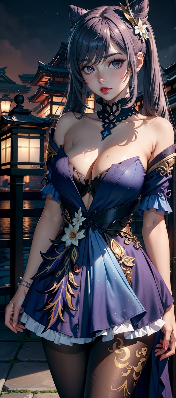 ((masterpiece)),(bestquality),((ultra-detailed)), ((beautiful detailed sky)), ((cinematic lighting)), depth of field, (dynamic angle),detailed lighting,(beautiful detailed eyes), ((japan night view)),red lip, eyeshadow,large breast, (erotic), ((sexy)), cleavage, navel, (keqingdef, keqingrnd)