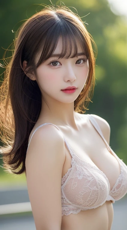finely detail, hight resolution, hightquality、Perfect dynamic composition, Beautiful detailed eyes,poneyTail,Natural Color Lip,Kamimei、20 years girl、1 persons、Transparent skin、Glowing hair、masutepiece, Best Quality, Illustration, Ultra-detailed, finely detail, hight resolution, 8K、The correct state of the human body、randome pose、Gravure Model Pose,Hair soaring in the wind、Underwear,length hair,Big Tits,gigantic cleavage breasts, Red lace underwear,Bold sexy poses,Colossal tits、up of face、front facing