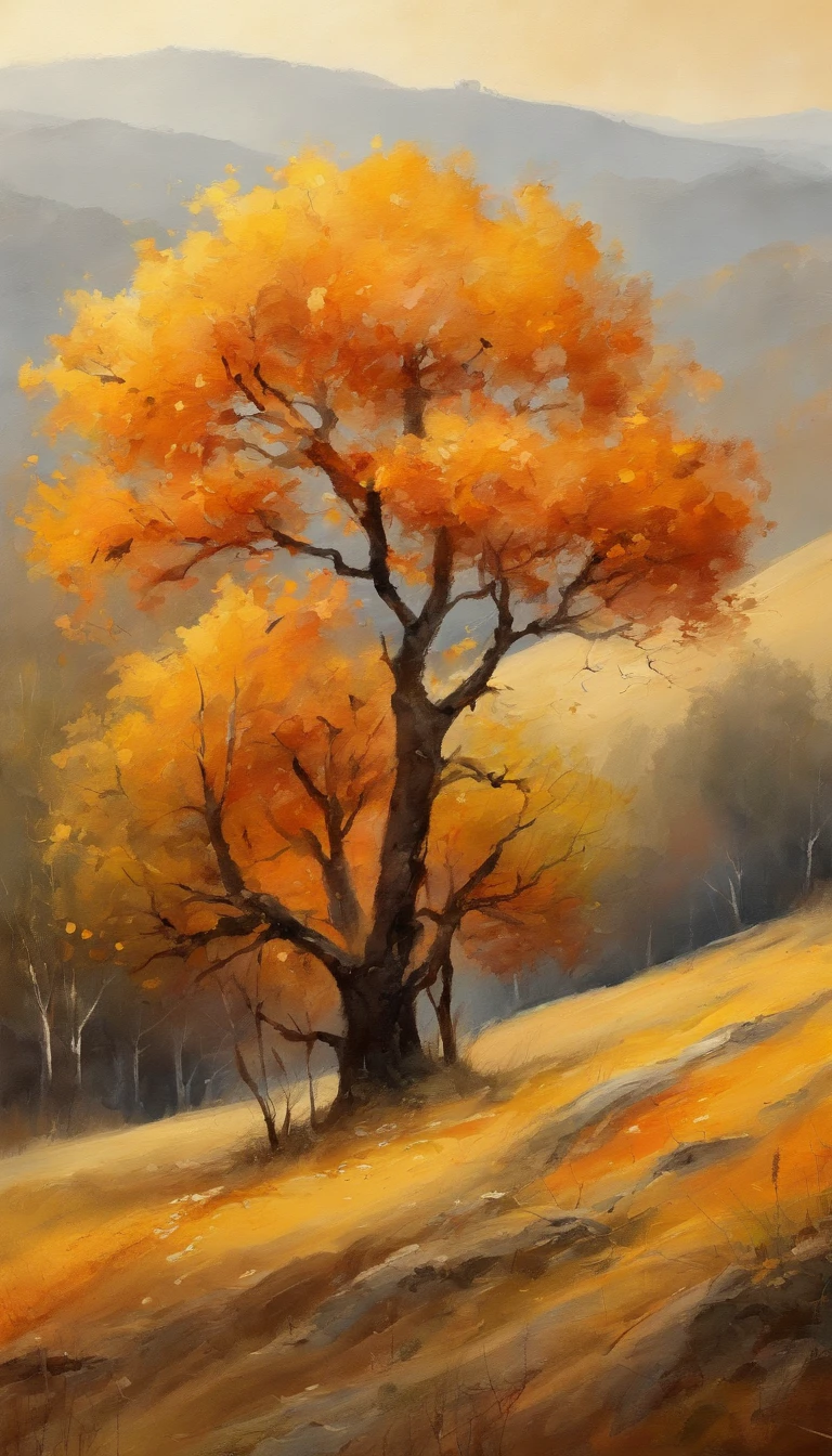 estilo de lavagem de tinta,Dias de outono, pequeno animal peludo perdido em meio a paisagem、Selvas escuras、Buraco na montanha、The tree、campo de grama、Pedregulhos、、(illustratio:1.0)、Epic composition、realistic lighting、high-definition detail、tmasterpiece、best quality,(extremamente detalhado CG unificado 8k wallpape, com tonalidade em amarelo e laranja