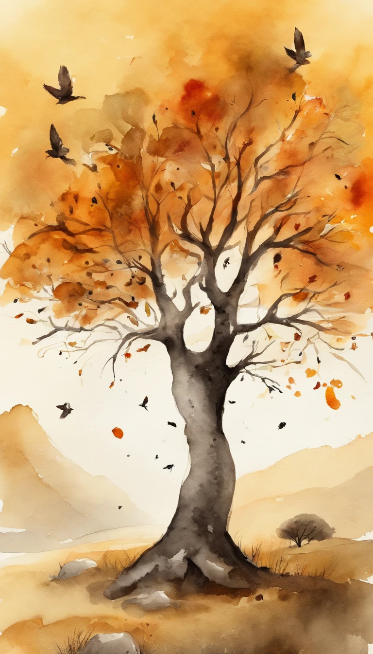 estilo de lavagem de tinta,Dias de outono, pequeno animal peludo perdido em meio a paisagem、Selvas escuras、Buraco na montanha、The tree、campo de grama、Pedregulhos、、(illustratio:1.0)、Epic composition、realistic lighting、high-definition detail、tmasterpiece、best quality,(extremamente detalhado CG unificado 8k wallpape, com tonalidade em amarelo e laranja