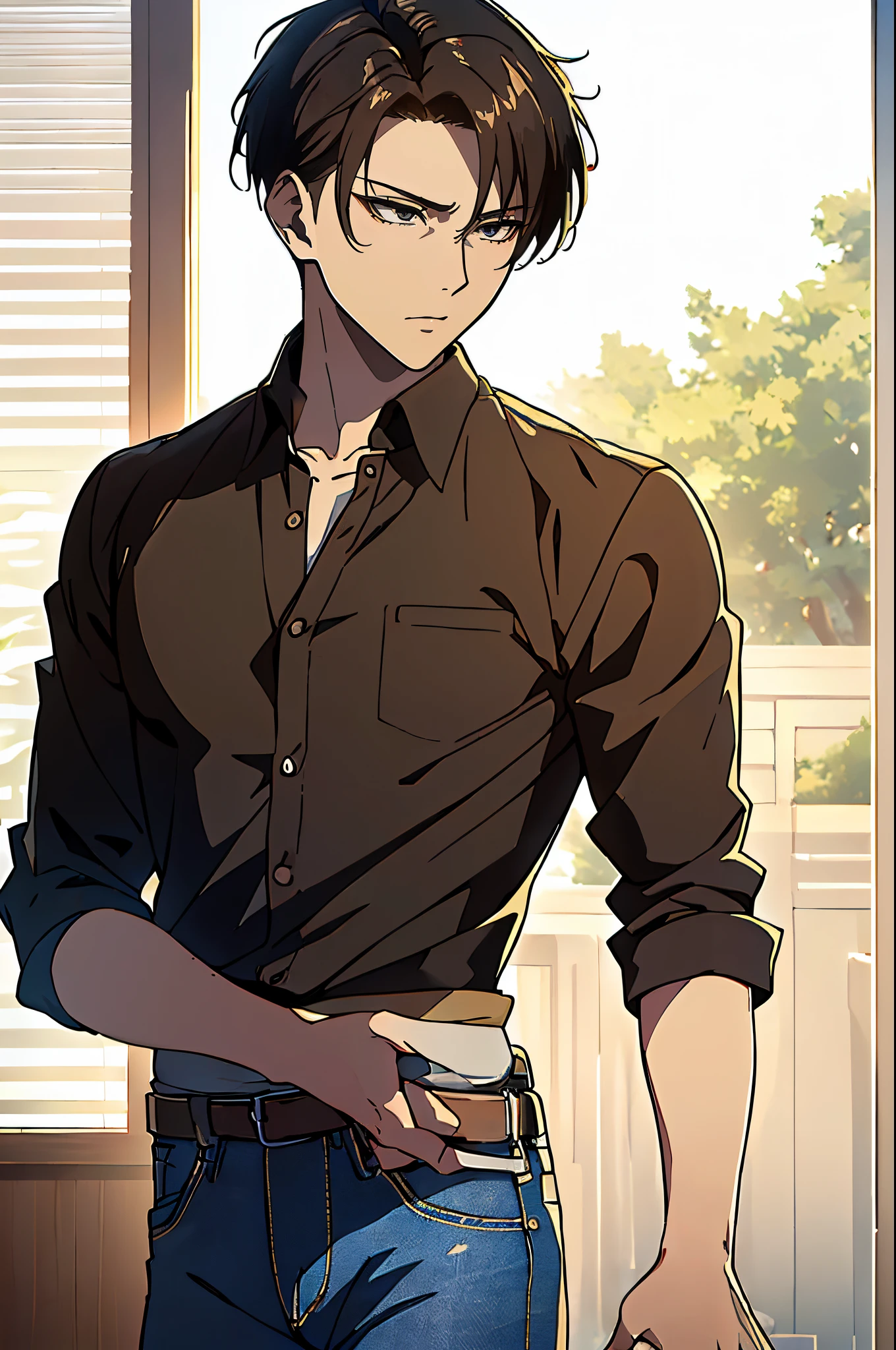 ((4K works))、​masterpiece、（top-quality)、((high-level image quality))、((One Manly Boy))、Slim body、((Attractive and sexy jeans fashion))、((Men's Fashion))、(Detailed beautiful eyes)、town in the morning、Levi Ackerman、((short hair above the ears))、((Smaller face))、((Neutral face))、((Korean boy))、((28 year old))、((Handsome man))、((sings))、((Korean Makeup))、((elongated and sharp eyes))、((Black eyes))、((Like a celebrity))、Everyday photography、((Shot alone))、((Shot diagonally from the side))、((Upper body photography))、((Artist Photos))