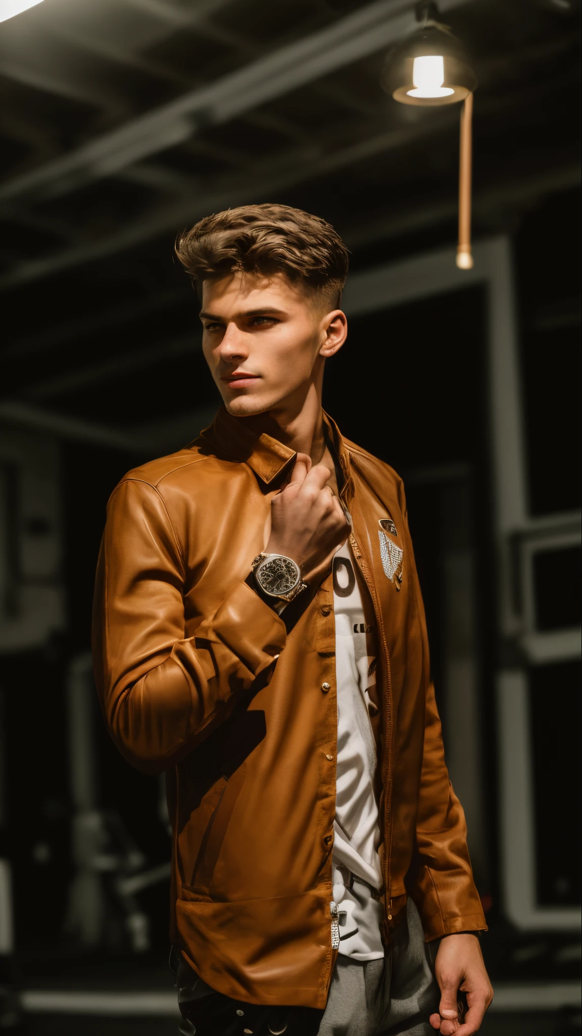 Masterpiece, an insanely handsome young east european male fitness model wearing in biker clothes, masculine, tall, strong, teen, standing at a fashion show, well endowed, (high detail:1 1), rough face, natural skin, high quality, beautiful eyes, (detailed face and eyes), (face: 1 2), noise, extra, real photo, PSD, lamp film photography, sharp focus, contrast lighting, detailed skin, high resolution 8k, crazy detail, realistic, professional photography, 8k UHD, SLR camera, soft lighting, high quality, film grain, Fujifilm XT3