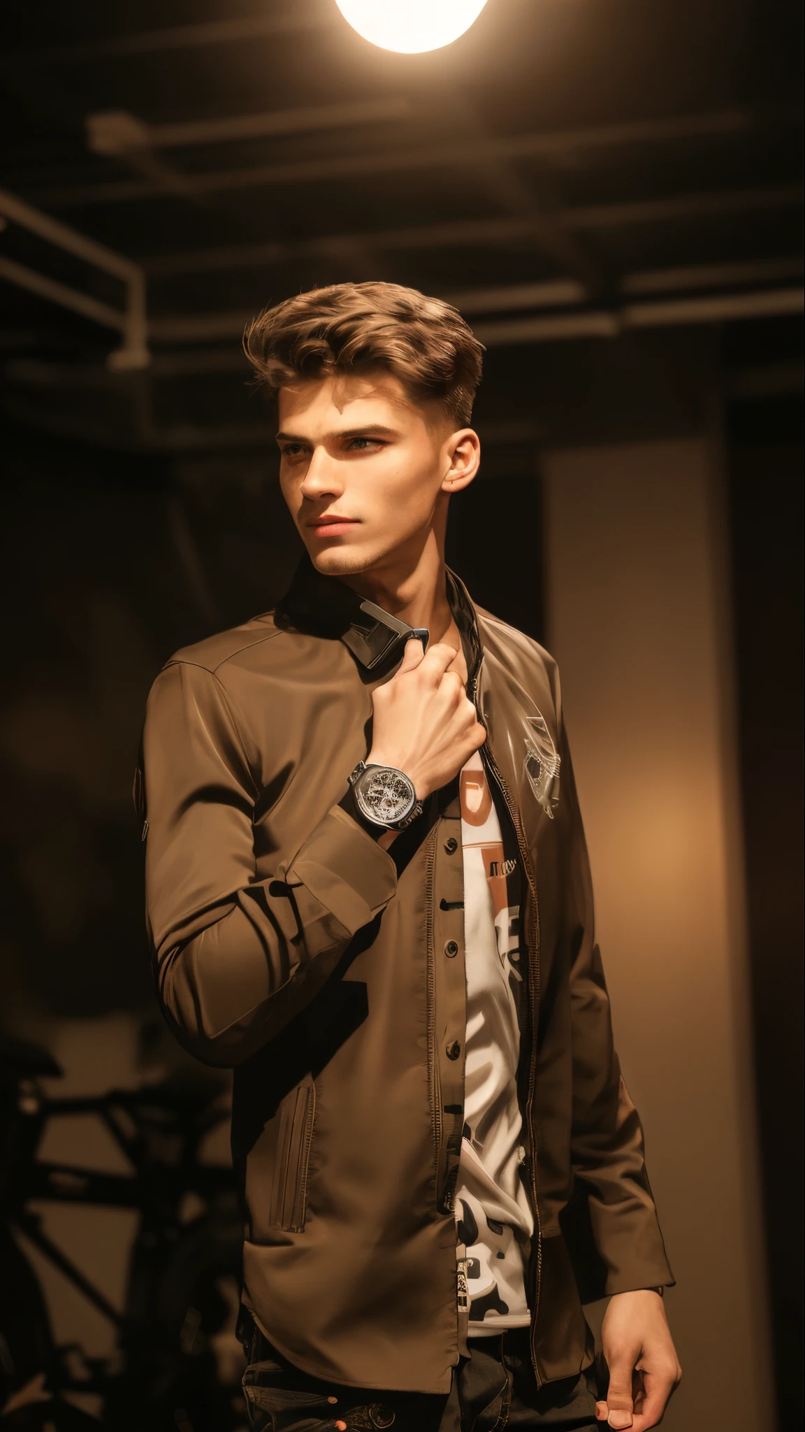 Masterpiece, an insanely handsome young east european male fitness model wearing in biker clothes, masculine, tall, strong, , standing at a fashion show, well endowed, (high detail:1 1), rough face, natural skin, high quality, beautiful eyes, (detailed face and eyes), (face: 1 2), noise, extra, real photo, PSD, lamp film photography, sharp focus, contrast lighting, detailed skin, high resolution 8k, crazy detail, realistic, professional photography, 8k UHD, SLR camera, soft lighting, high quality, film grain, Fujifilm XT3