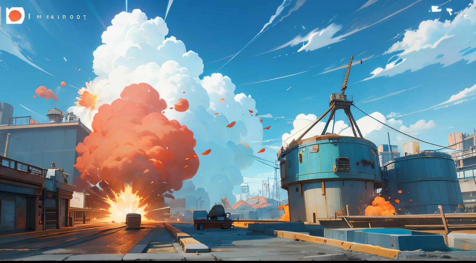 dockyard with a sky background, team fortress style, toon boom render, brawl start bg, cg art,, official artwork, explosion in background, game art, heavy battle, very stylized, gameplay still, 3 d game art, 3d game art, game illustration