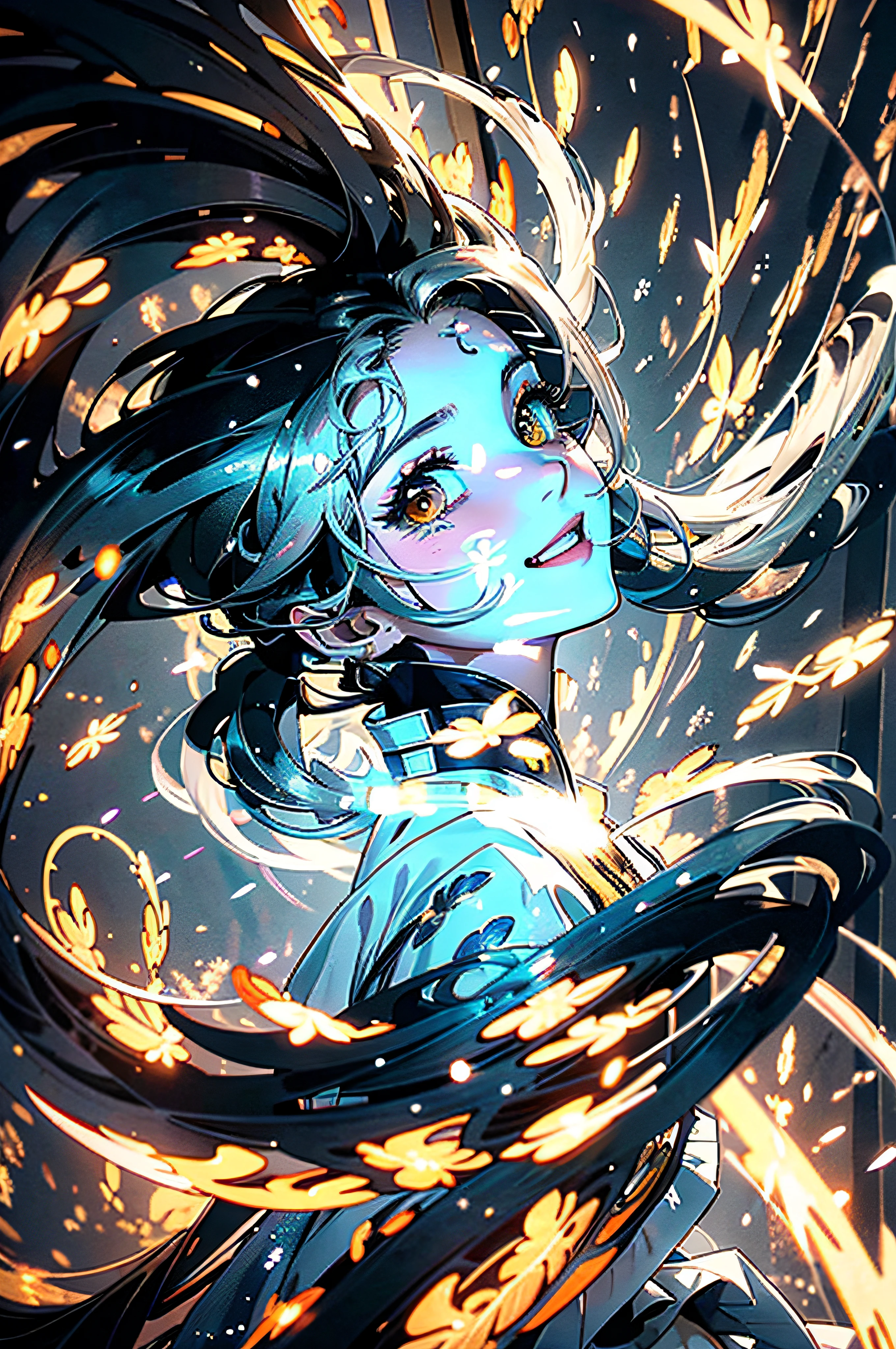 (anime), (masterpiece), ((extremely detailed 8k illustration)), highres, (extremely detailed and beautiful background), ultra detailed painting, professional illustrasion, Ultra-precise depiction, Ultra-detailed depiction, (beautiful and aesthetic:1.2), HDR, (depth of field:1.4), colorful, vivid, beautiful detailed glow light particles, intricate:1.4, (young girl), (white,military costume,tight skirt), (highly detailed beautiful face and eyes, silver hair:1.5, twin tail:1.1, floating hair), (white tights up to the thighs), small stature, (small breasts), shiny skin, cute, smile, open mouth,