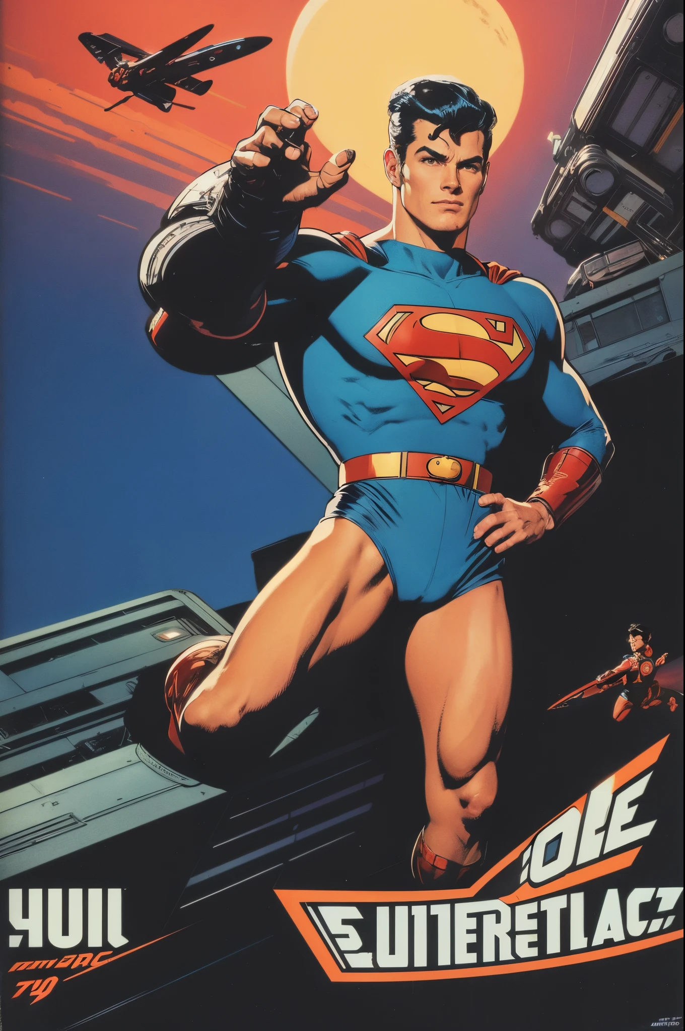 one muscle, Powerful Superman in a dynamic flying pose, with a confident and determined expression on his face, retrofuturistic of tomorrow industrial district, standing in front of a building, western animation diffusion, retro sci - fi art, 60's sci-fi pinup style, 60's sci-fi pinup, vintage sci - fi art, scifi man, retro pulp art, as a retrofuturistic hero, 5 0 s pulp scifi illustration, ( art fitzpatrick ), as a retro futuristic hero, gorgeous colored sky cluttered with flying things, looking directly at you :: populuxe aesthetic :: 1950s palette, high res, ultrasharp, 8k, masterpiece