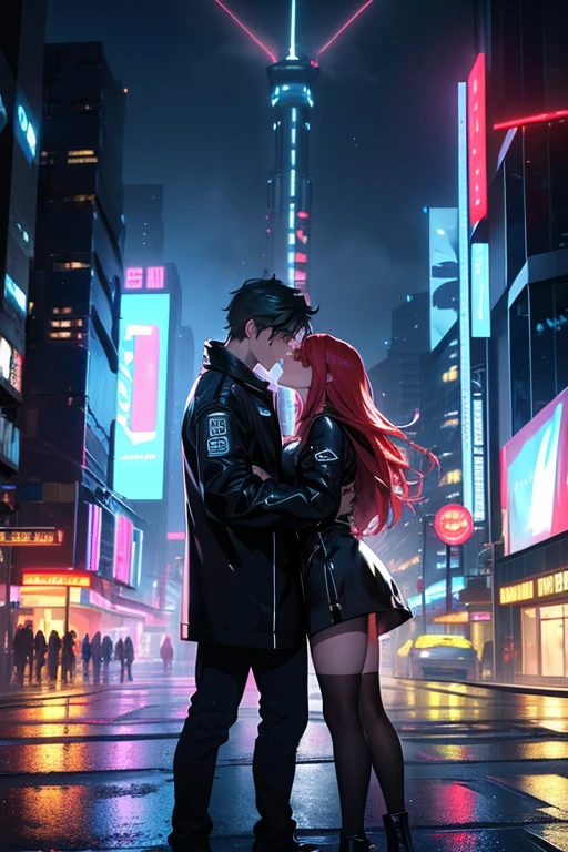 (a cyberpunk, night, couple,kissing, bar, red-haired girl with green eyes, black and white-haired guy with blue eyes, anime), (best quality, 4k, highres, ultra-detailed, realistic:1.37), neon lights, futuristic cityscape, holographic displays, vibrant colors, rain-soaked streets, bustling crowd, edgy fashion, glowing cybernetic implants, city skyline bathed in artificial light, flying cars, towering skyscrapers, neon signs reflecting on wet pavement, steam rising from vents, urban decay, raw emotions, technologically advanced gadgets, city dwellers lost in their own virtual realities
