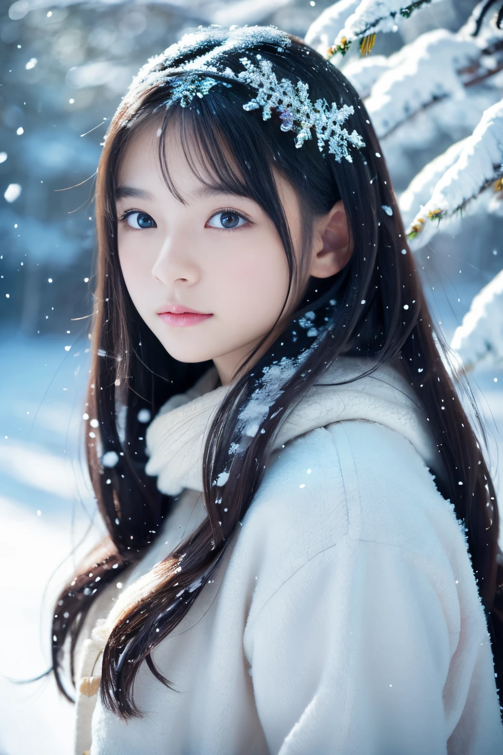 A woman with long hair wearing a white coat and a white scarf - SeaArt AI