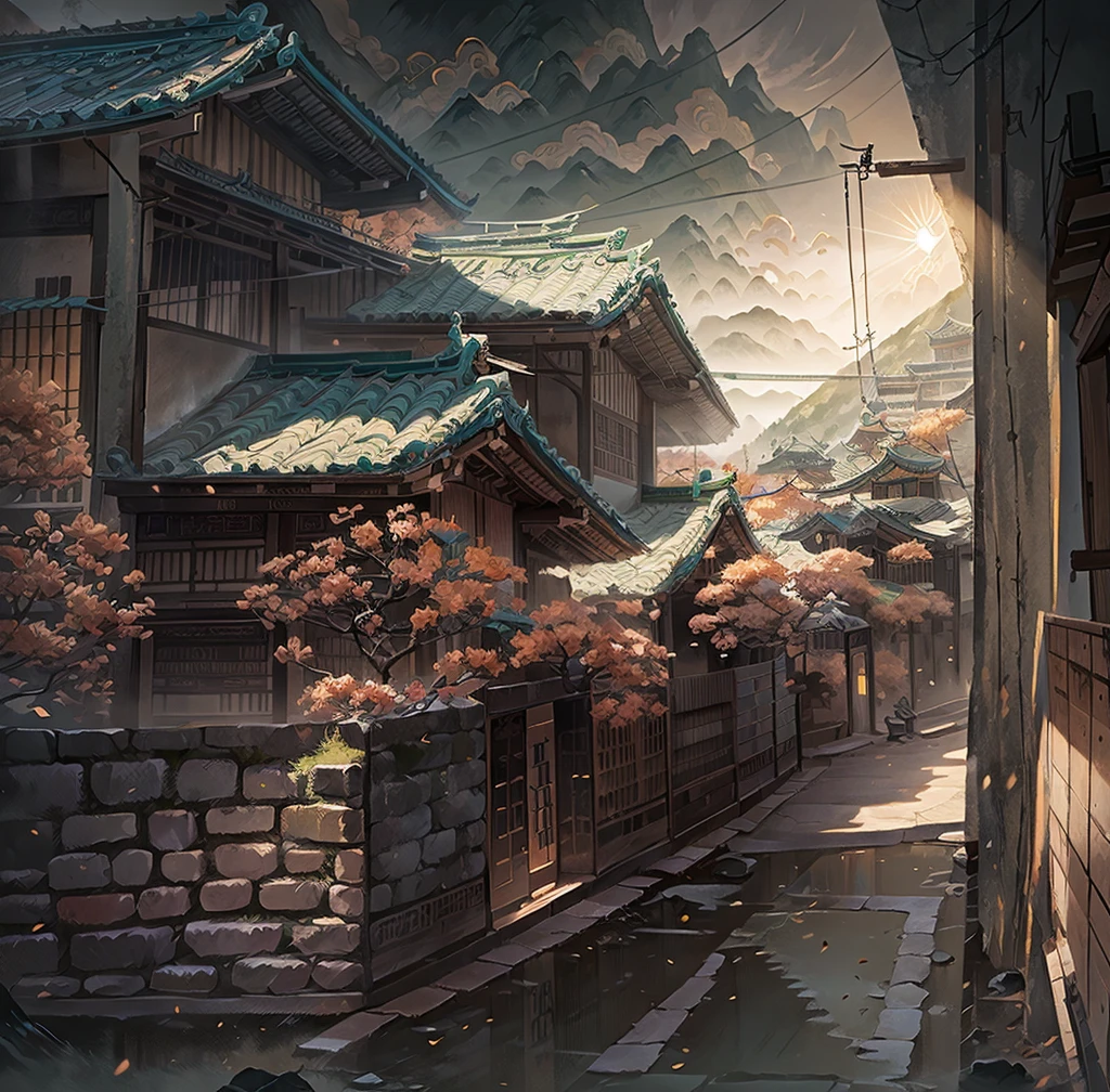 chinese wind mountains, river, auspicious clouds, pavilions, sunlight, masterpiece, super detail, epic composition, ultra hd, high quality, extremely detailed, official art, unified 8k wallpaper, super detail, 32k