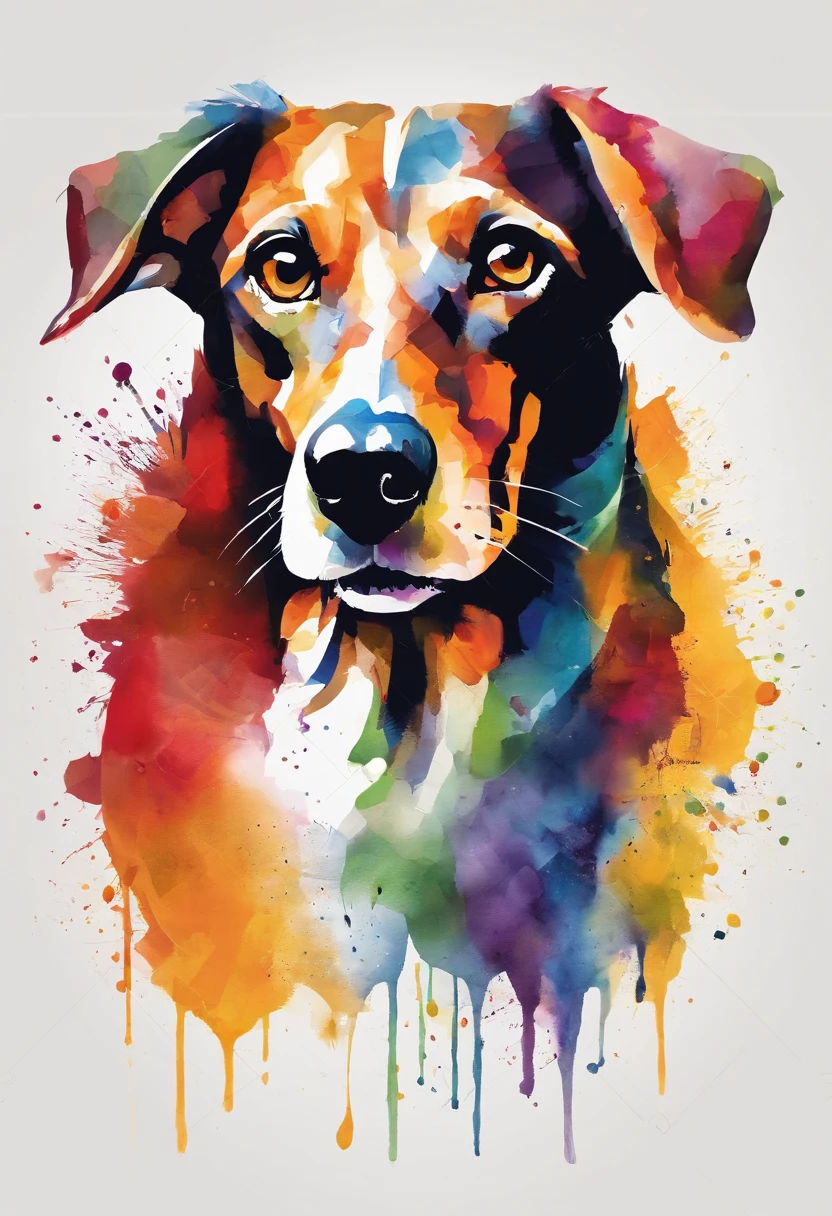 colorful logo, dachshund terrier dog, Minimalist vector art logo illustration of a cat head, front, magic, Sharp, flat design, Monochrome color, dark magic colorful splash paint, t-shirt design, in Studio Ghibli style, Design should be in vector art, Introducing the Dog. Use Adobe Illustrator to create the logo with clean lines and a simple yet captivating appearance. Keep the design centered on the dog's eyes, capturing its uniqueness and charm. The logo should evoke a sense of sophistication and tranquility. Emphasize a low-poly style to add a touch of uniqueness to mustaches. The overall aesthetic should be sleek and elegant, making it suitable for branding and logo purposes, black background, ((symmetrical))