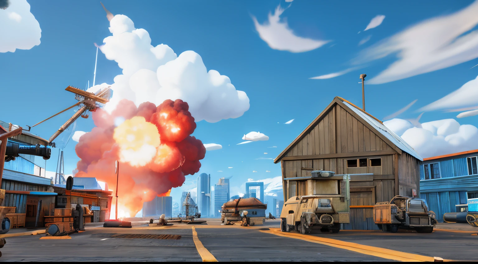 dockyard with a sky background, team fortress style, toon boom render, brawl start bg, cg art,, official artwork, explosion in background, game art, heavy battle, very stylized, gameplay still, 3 d game art, 3d game art, game illustration