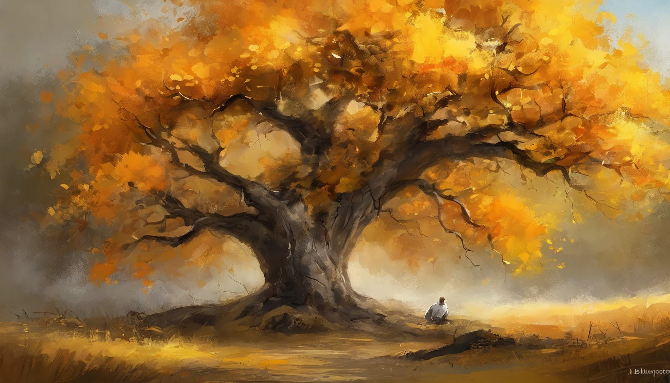 estilo de lavagem de tinta，Dias de outono, topeira, teoupeira com roupa proximo a arvore, toupeira personagem principal, pequeno animal peludo perdido em meio a paisagem、Selvas escuras、Buraco na montanha、The tree、campo de grama、Pedregulhos、、（illustratio：1.0）、Epic composition、realistic lighting、high-definition detail、tmasterpiece、melhor qualidade，（extremamente detalhado CG unificado 8k wallpape, com tonalidade em amarelo e laranja