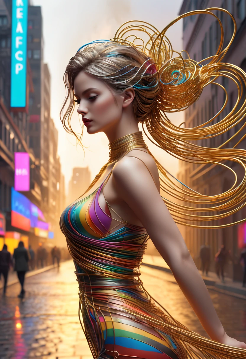 Spectacular futuristic sci-fi night fountain。Fountain erupts from steam engine,sparkling silver water column,(line art:1.5),Colored lines,Figures woven from metal threads in the city square,braided with metal thread,model shoot style,abstract paintings, (extremely detaild的 CG unified 8k wallpapers), A chaotic storm of lines rises from a complex rainbow of smoke overhead, Stylized abstract portrait of beautiful girl,heavy metal style,postmodern industrial style,ultra-realistic realism,Image of beautiful woman sculpture made from thin metal wire, golden curve structure, Woman sculpture made of wire, Spiral dripping gold, Metal curve composition, Winding streets, abstract female sculpture, Small whirlpools, abstract sculpture, twist, Rotated, complex metal wires, spirals, long exposure photos, line sleek, complex light