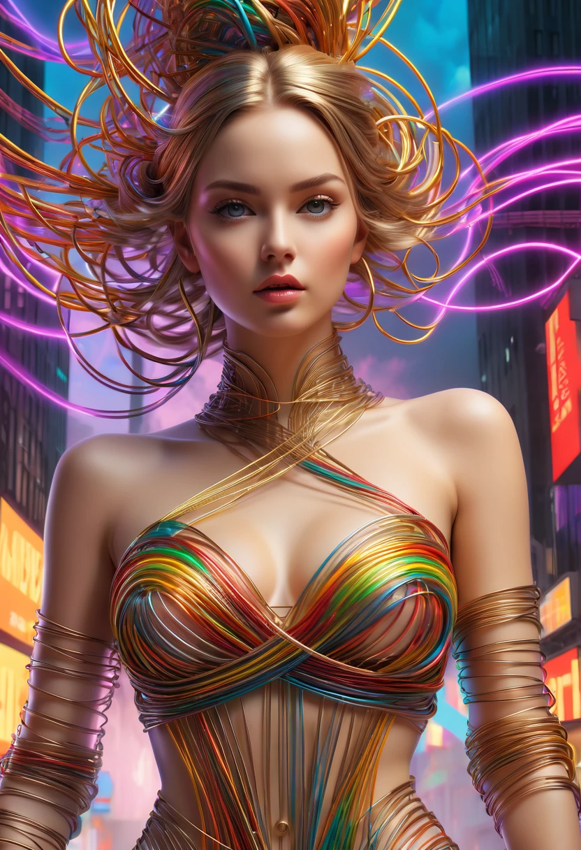 (line art:1.5)，Colored lines，Figures woven from metal threads in the city square，braided with metal thread，model shoot style,abstract paintings, (extremely detaild的 CG unified 8k wallpapers), A chaotic storm of lines rises from a complex rainbow of smoke overhead, Stylized abstract portrait of beautiful girl,heavy metal style，postmodern industrial style，ultra-realistic realism，Image of beautiful woman sculpture made from thin metal wire, golden curve structure, Woman sculpture made of wire, Spiral dripping gold, Metal curve composition, Winding streets, abstract female sculpture, Small whirlpools, abstract sculpture, twist, Rotated, complex metal wires, spirals, long exposure photos, line sleek, complex light