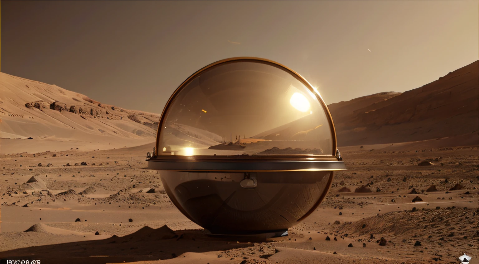 On Mars, there are many satellite pot-lid-shaped antenna receivers. The receivers are semi-circular and arc-shaped, with a strong metallic texture, a modern feel, a transparent sense of technology, and ultra-wide-angle lenses. The picture is bright and realistic, with photographic effects and golden section composition.