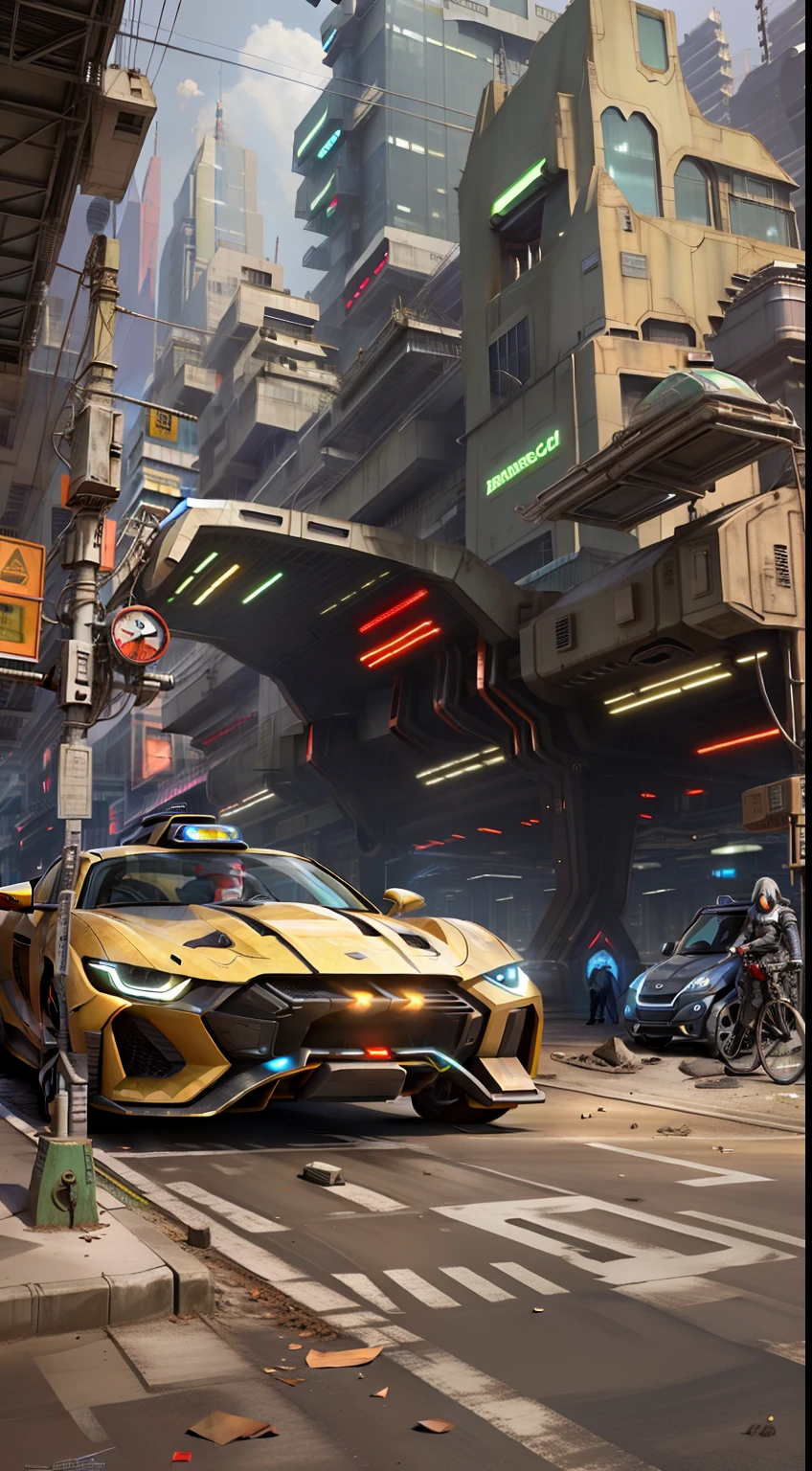 A futuristic sports car on the street of a futuristic city, sketchy girl,