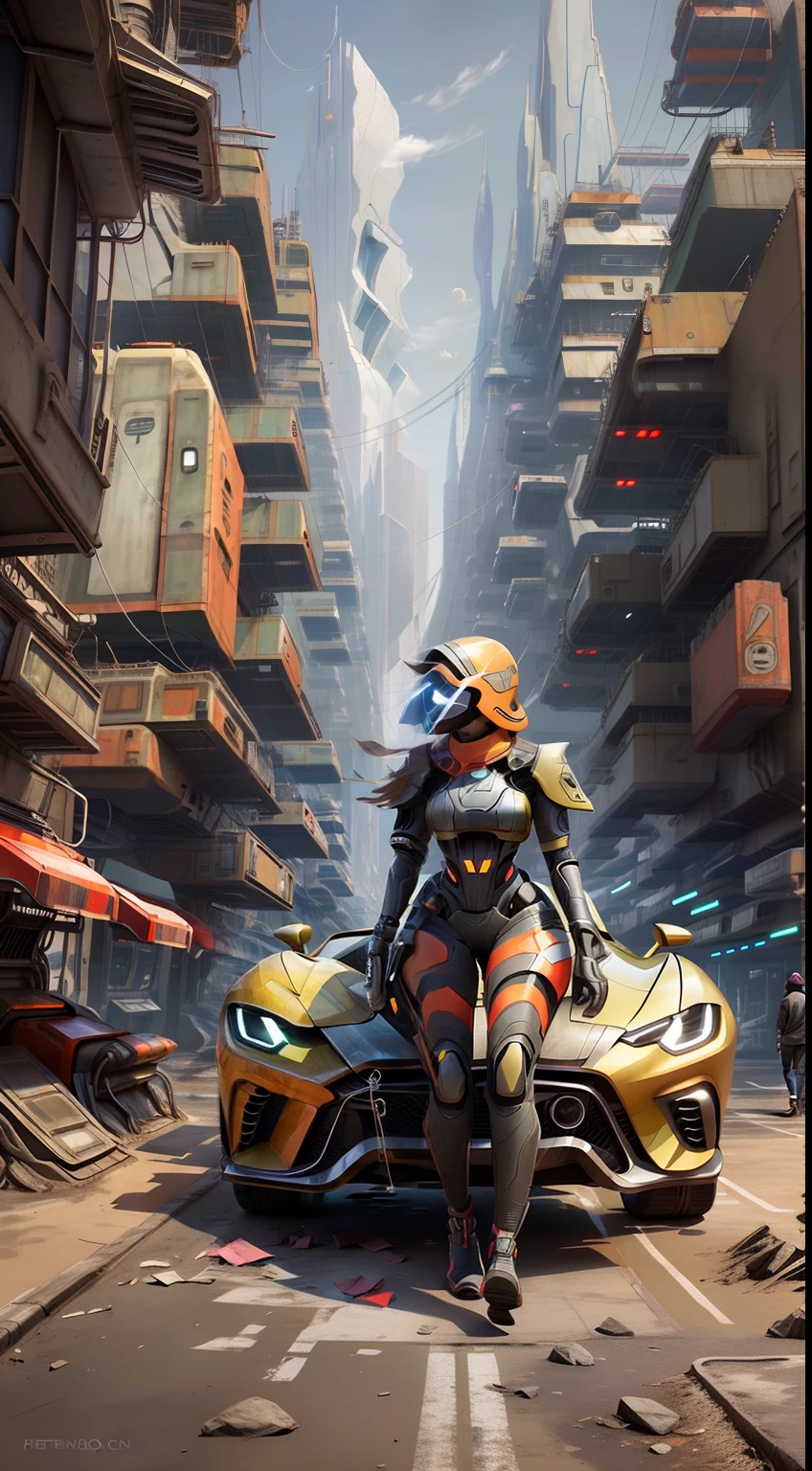 A futuristic sports car on the street of a futuristic city, sketchy girl,