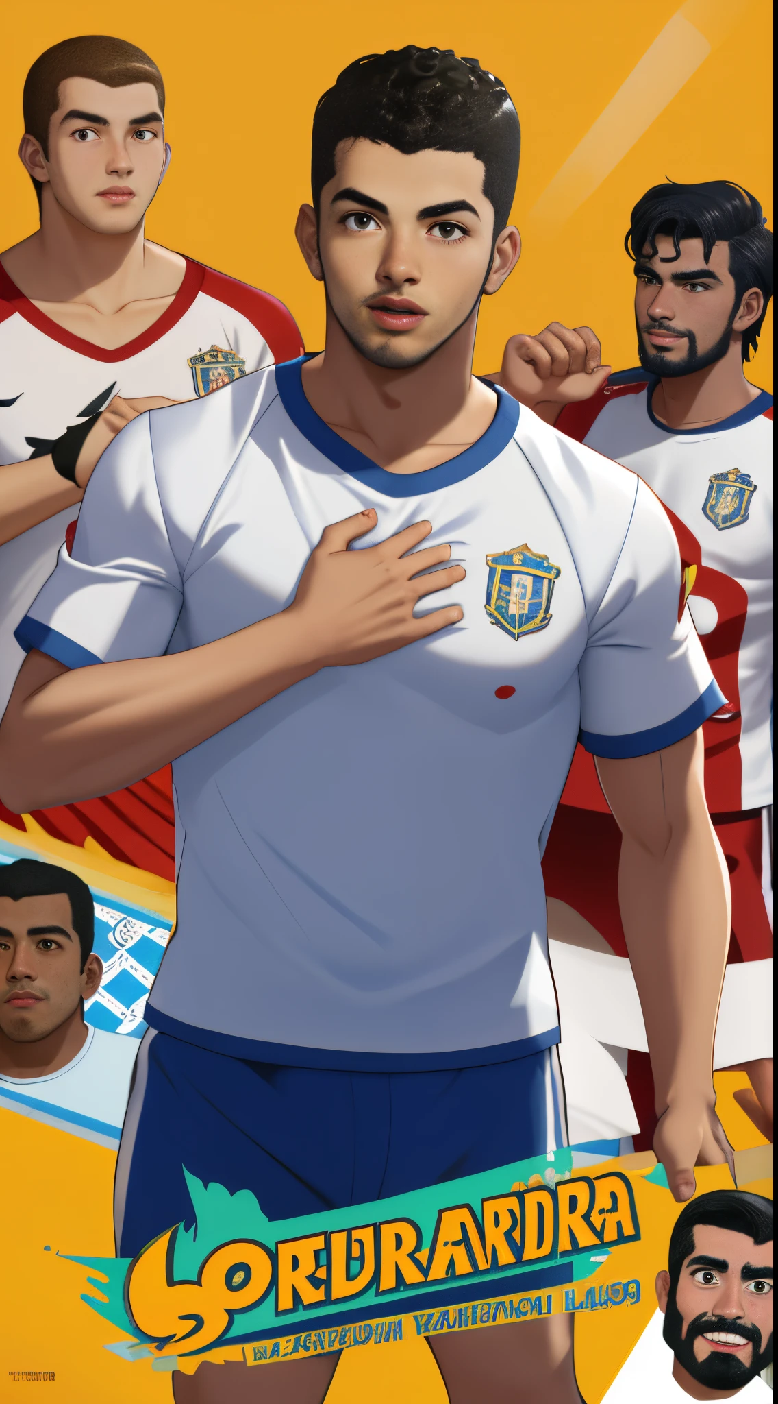 arafed man in a white shirt with a red and white crest on his chest, mohamed reda, mohamed chahin, ronaldo luis nazario da lima, edu souza, david rios ferreira, caio santos, carmelo blandino, icaro carvalho, ronaldo luis nazario de lima, gui guimaraes, carlos samuel araya pixar animation style