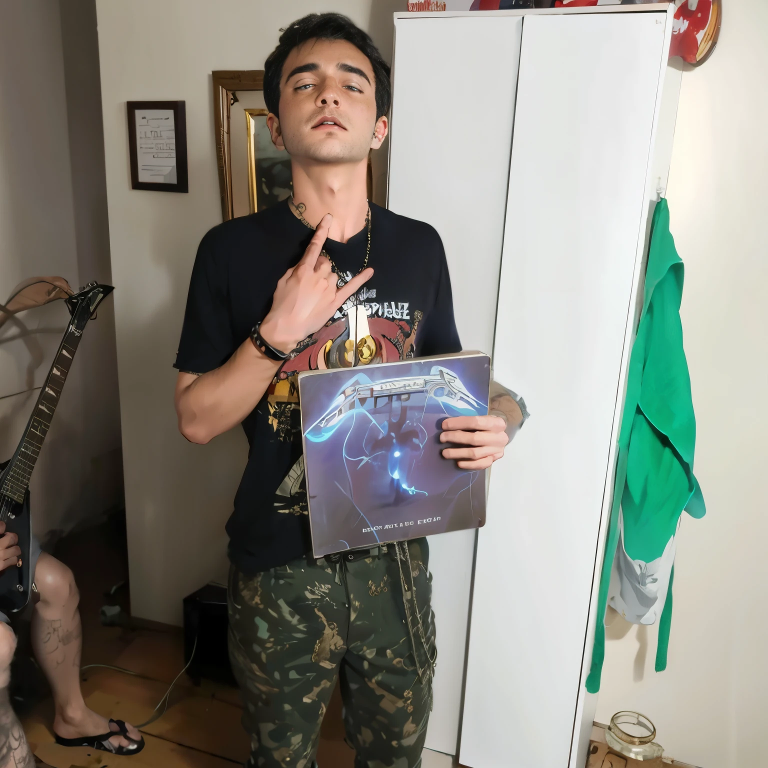 there is a man holding a music box in his hand, album cape!, new album cover, Detentor de um recorde, segurando um par de ventiladores. irreal 5, segurando um disco de vinil, album cape, music album cover, imagem de qualidade muito baixa, Album art, arte oficial, music album art, metal album cover, power metal album cover, with lightning and an electric chair