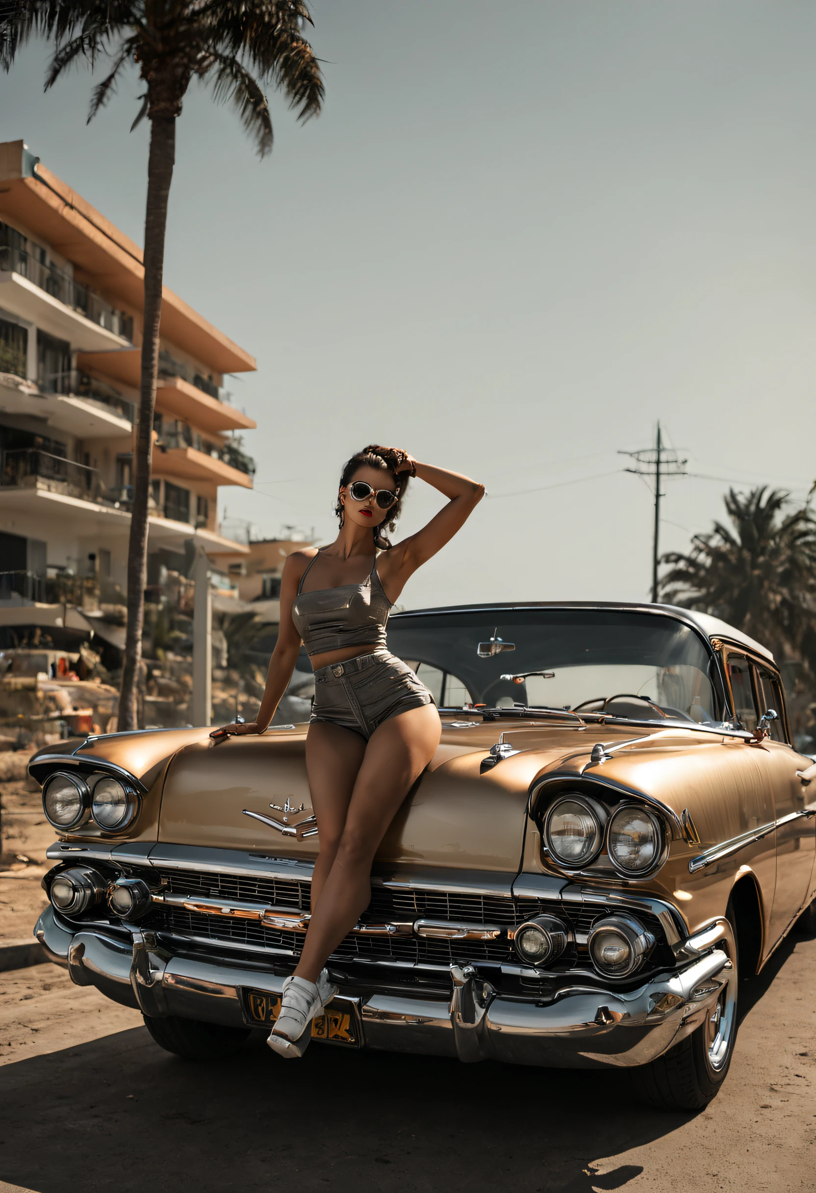 Retrato de uma mulher de 18 anos de costas olhando para frente e usando biquini enquanto empurrando um carro "1959 Chevrolet Bel Air" COR preto METALICO reflexivo, GOLDEN WIDE STAR WHEEL is on fire, The front wheels are small and the rear wheels are very large, em uma rua de frente para a praia, diagonal camera, max quality