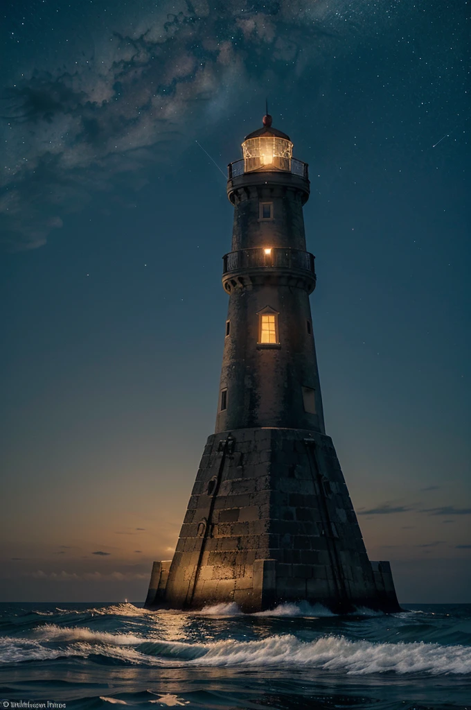 "Illustrate a tranquil scene featuring a towering lighthouse on a secluded island, under a starry night sky. The lighthouse's beacon should cast a warm glow, guiding ships with its light that reflects off the gentle waves of the sea."