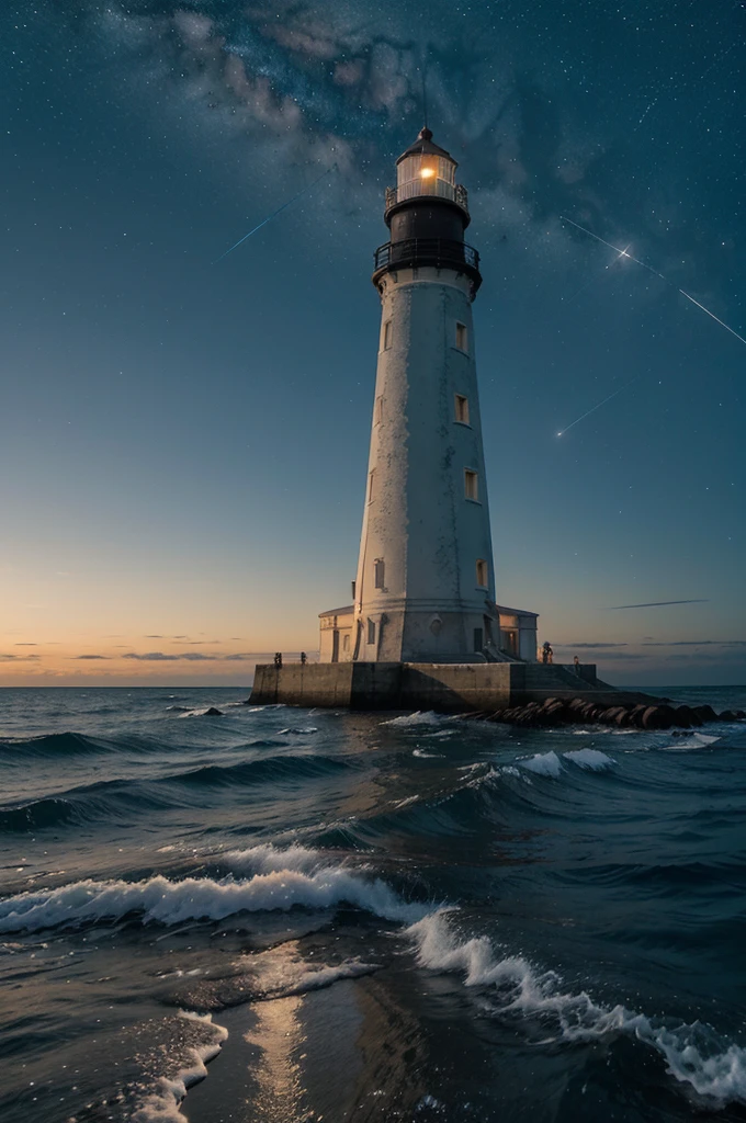 "Illustrate a tranquil scene featuring a towering lighthouse on a secluded island, under a starry night sky. The lighthouse's beacon should cast a warm glow, guiding ships with its light that reflects off the gentle waves of the sea."