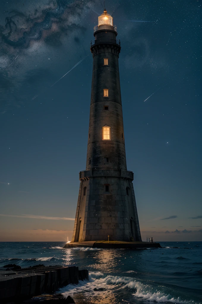 "Illustrate a tranquil scene featuring a towering lighthouse on a secluded island, under a starry night sky. The lighthouse's beacon should cast a warm glow, guiding ships with its light that reflects off the gentle waves of the sea."