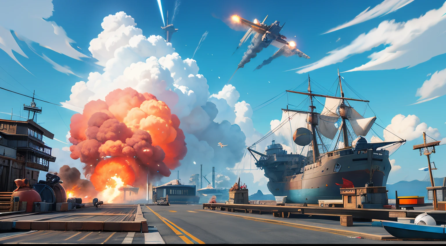 dockyard with a sky background, team fortress style, toon boom render, brawl start bg, cg art,, official artwork, explosion in background, game art, heavy battle, very stylized, gameplay still, 3 d game art, 3d game art, game illustration