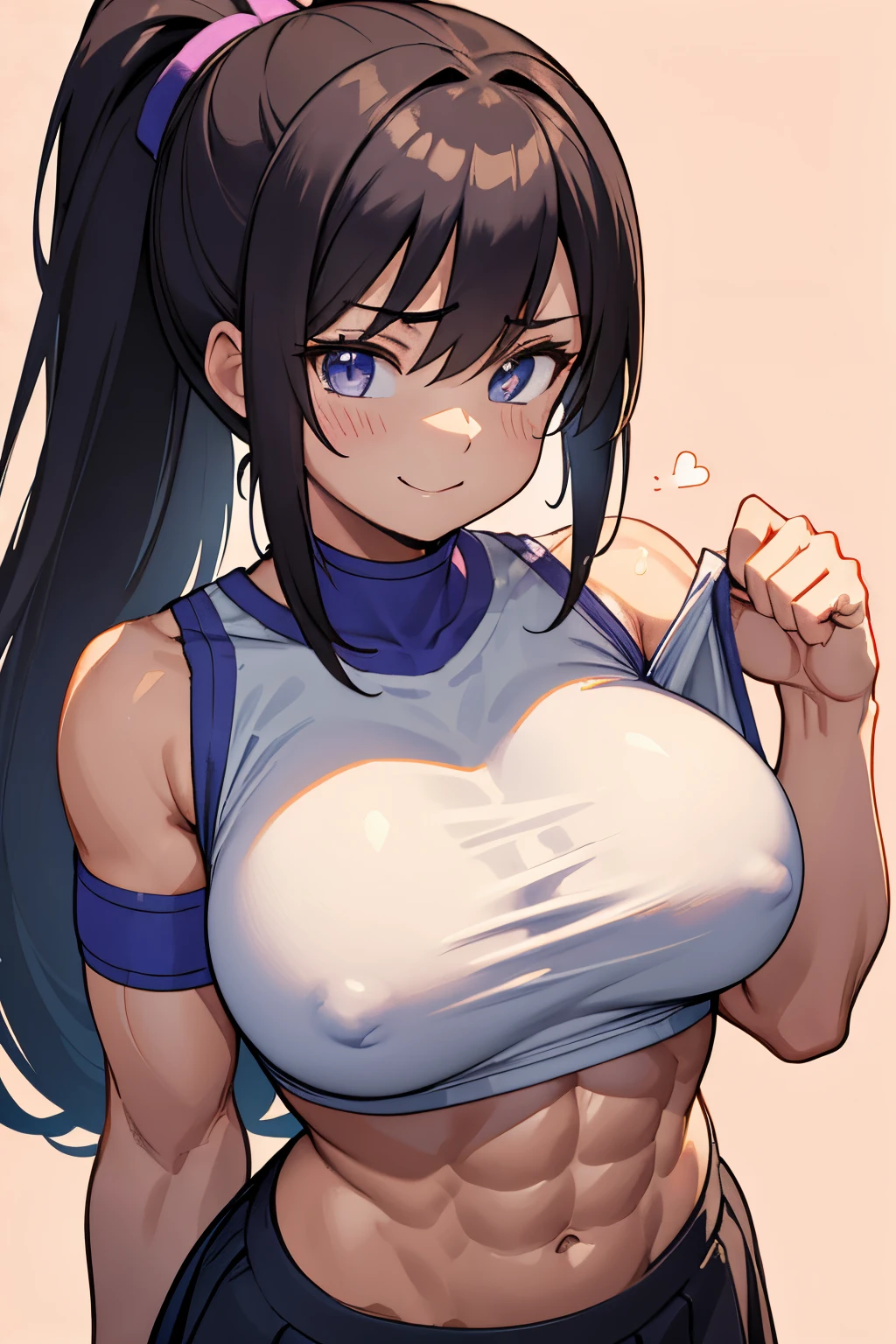 (Best quality at best,ultra - detailed),Dark-haired high school girl with ponytail,pupils,Show muscles,Have on the street,(Large breasts),(Eight-pack abs),(Huge round breasts),Had a great time,Smiling,Full of prunes,(tonedbody),(bicep bulge),Show muscles,(Bigchest),Abs,strong,Brawny,Caress your muscles.