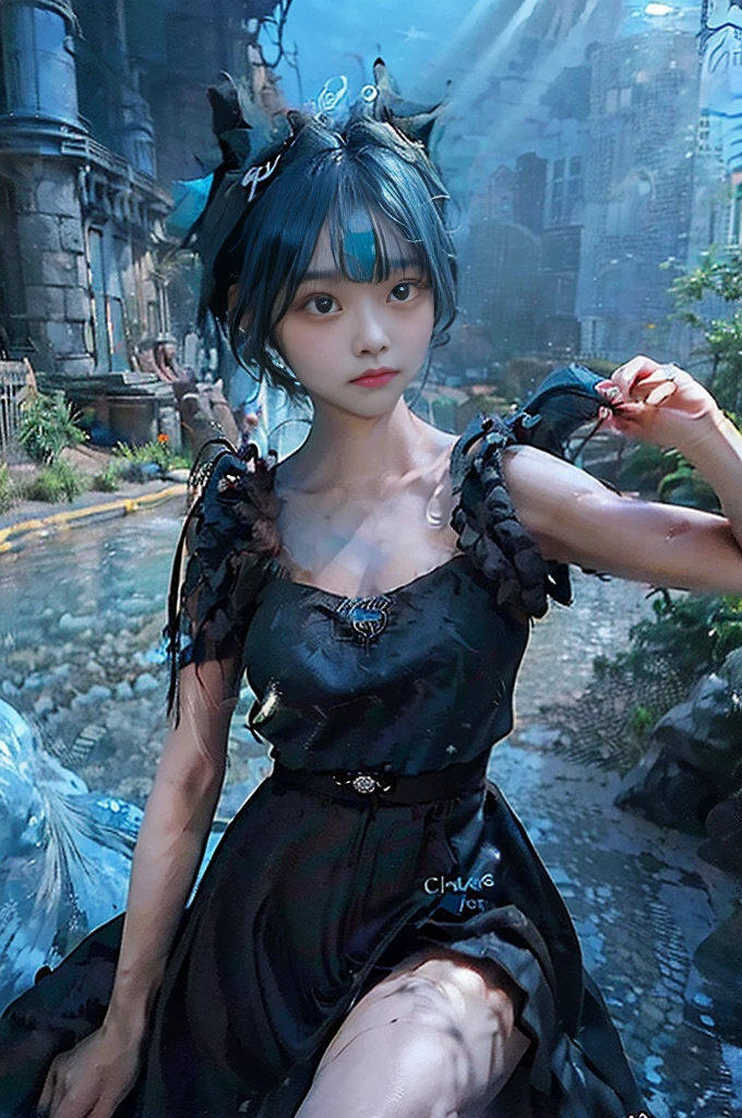 ((((City Background)))),(((Photorealsitic))) ,((Realistic)),(((Blue hair))),((((Twin-tailed)))),(((de pele branca))),((Black skirt)),(((Black hair ornament))),((with round face)),nedium breasts,Clear eyes,Pink teak,thighs thighs thighs thighs