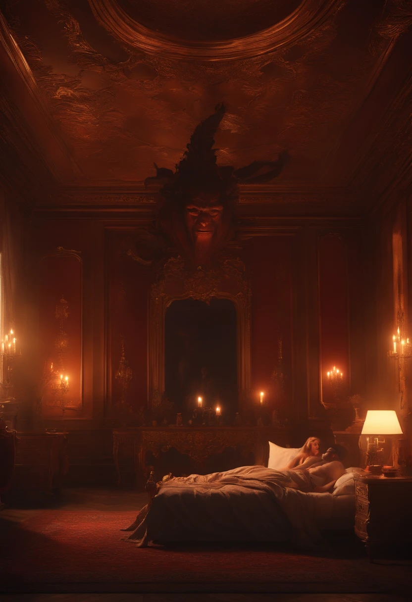 horror film scene of surrealism, baroque style, 3d render, realistic, a oversized huge giant demon and a girl are sleeping in the bed in a bedroom, candle lit room, ultra detail, 8k resolution