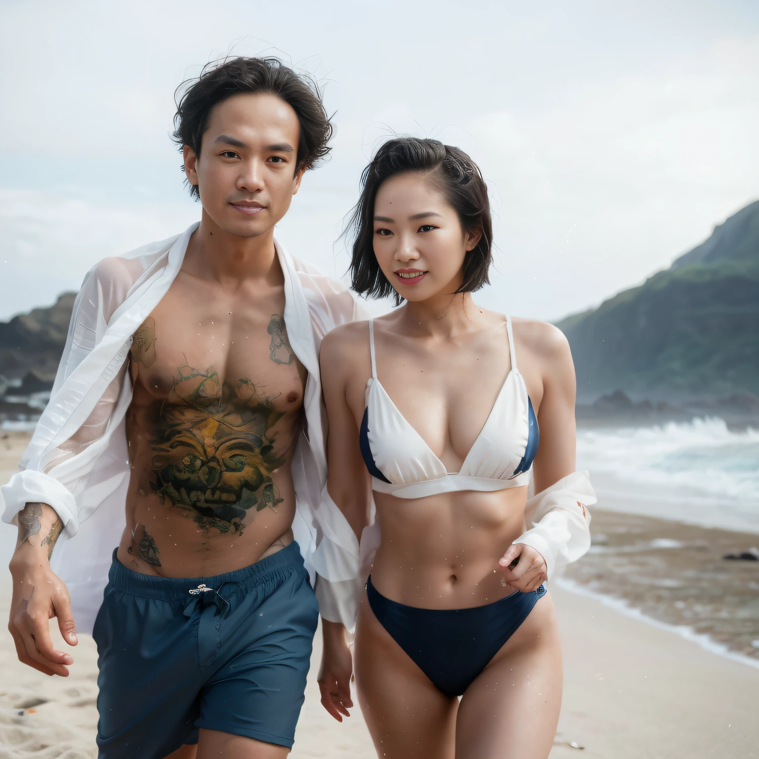 they are on the beach posing for a picture together, of taiwanese girl with tattoos, roberto ferri and ruan jia, with tattoos, tattoos all over the skin, tyler edlin and natasha tan, posing on a beach with the ocean, jordan grimmer and natasha tan, is wearing a swimsuit, ruan jia and brom