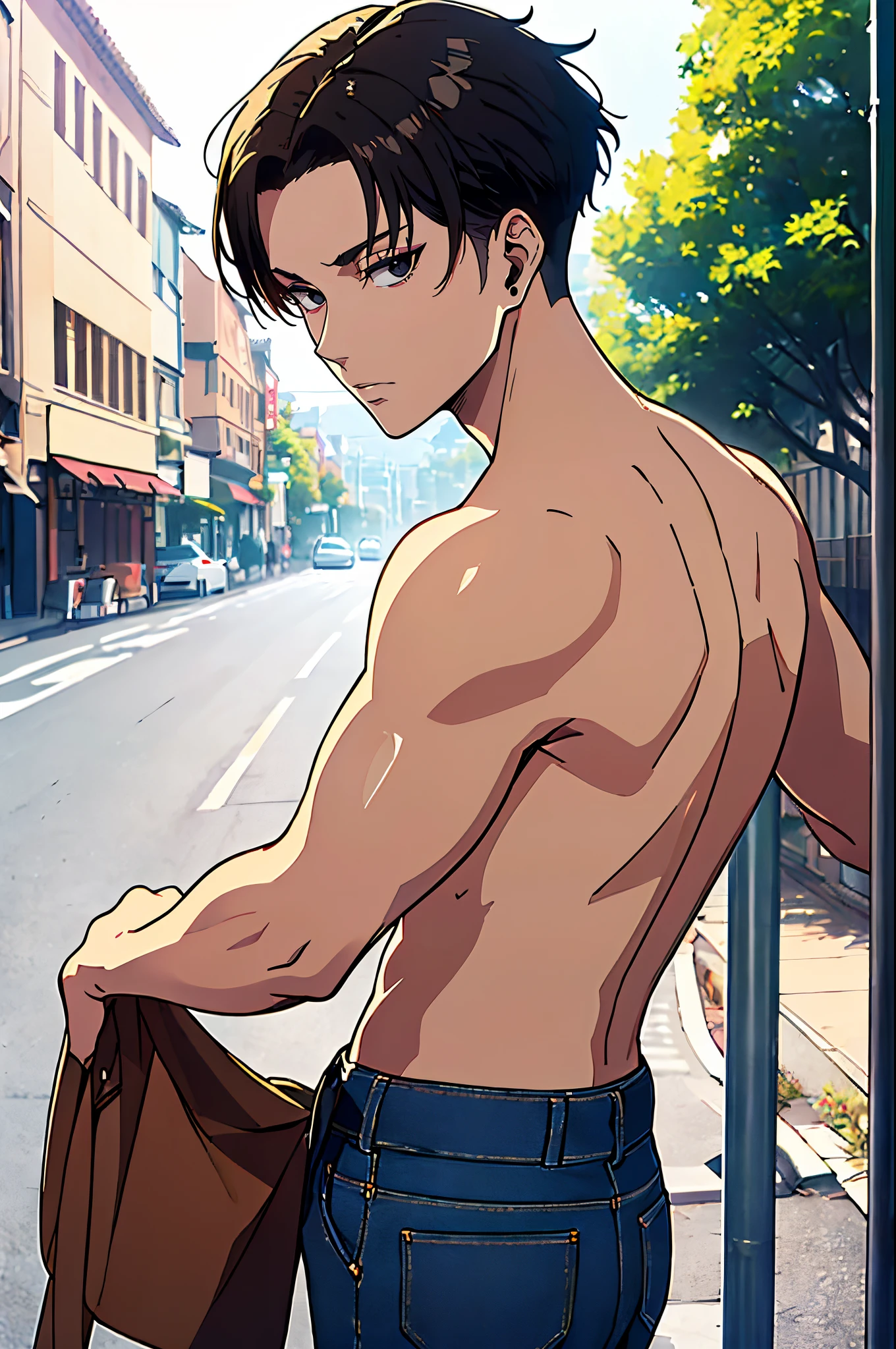 ((4K works))、​masterpiece、（top-quality)、((high-level image quality))、((One Manly Boy))、Slim body、((Attractive and sexy jeans fashion))、((Men's Fashion))、(Detailed beautiful eyes)、town in the morning、Levi Ackerman、((short hair above the ears))、((Smaller face))、((Neutral face))、((Korean boy))、((28 year old))、((Handsome man))、((Korean Makeup))、((elongated and sharp eyes))、((Black eyes))、((Like a celebrity))、Everyday photography、((Shot alone))、((Shot diagonally from the side))、((Upper body photography))