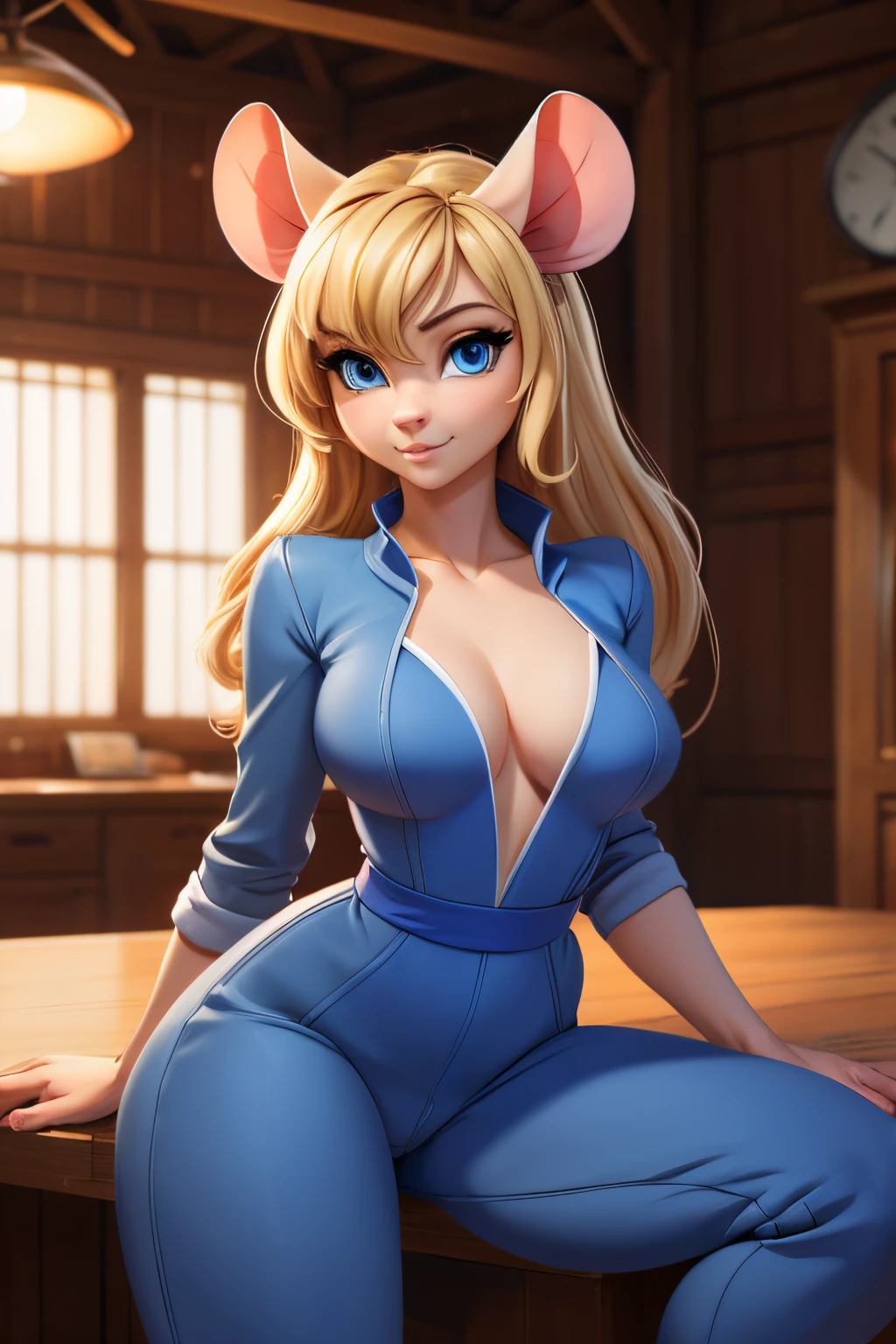 ((ultra quality)), ((tmasterpiece)), Nut, anthropomorphic mouse girl, Furry, ((blonde woman, hairlong)), Beautiful cute face, beautiful female lips, charming beauty, ((Kind expression on his face)), seductively looking at the camera, slightly closed eyes, ((Skin color: white)), Body glare, ((there is a mouse tail in the back)), ((detailed beautiful female eyes)), ((big blue eyes)), beautiful female hands, ((perfect female figure)), ideal female body shapes, Beautiful waist, nice feet, big thighs, Beautiful butt, ((Subtle and beautiful)), stands seductively leaning on the table, ((dark blue jumpsuit, with sexy neckline)) background: workshop, ((Depth of field)), ((high quality clear image)), ((crisp details)), ((higly detailed)), Realistic, Professional Photo Session, ((Clear Focus)), ((cartoon)), the anime, NSFW