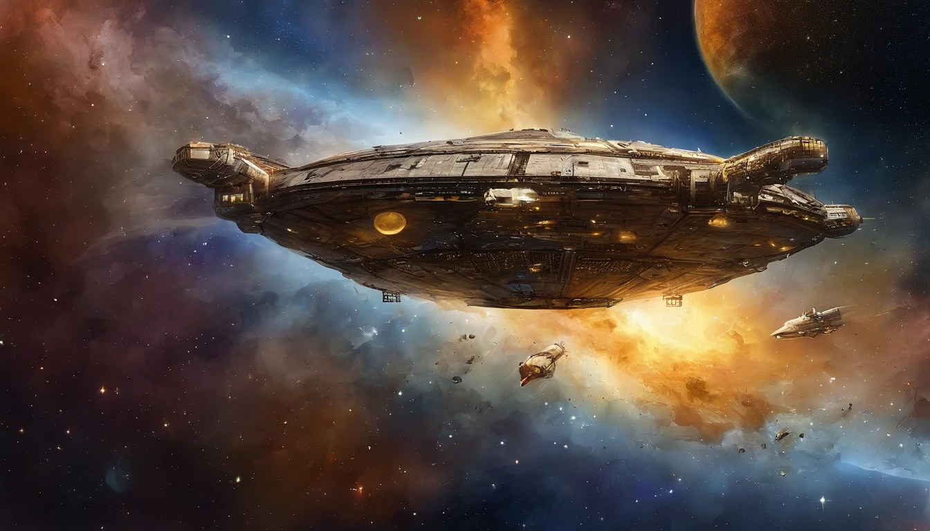 universo, nave cortando o ceu, indo para planeta amarelo, traveling through space at high speed, Cideral space, estrelas, contraste, (illustratio:1.0)、Epic composition、realistic lighting、high-definition detail、tmasterpiece、melhor qualidade,(extremamente detalhado CG unificado 8k wallpape)