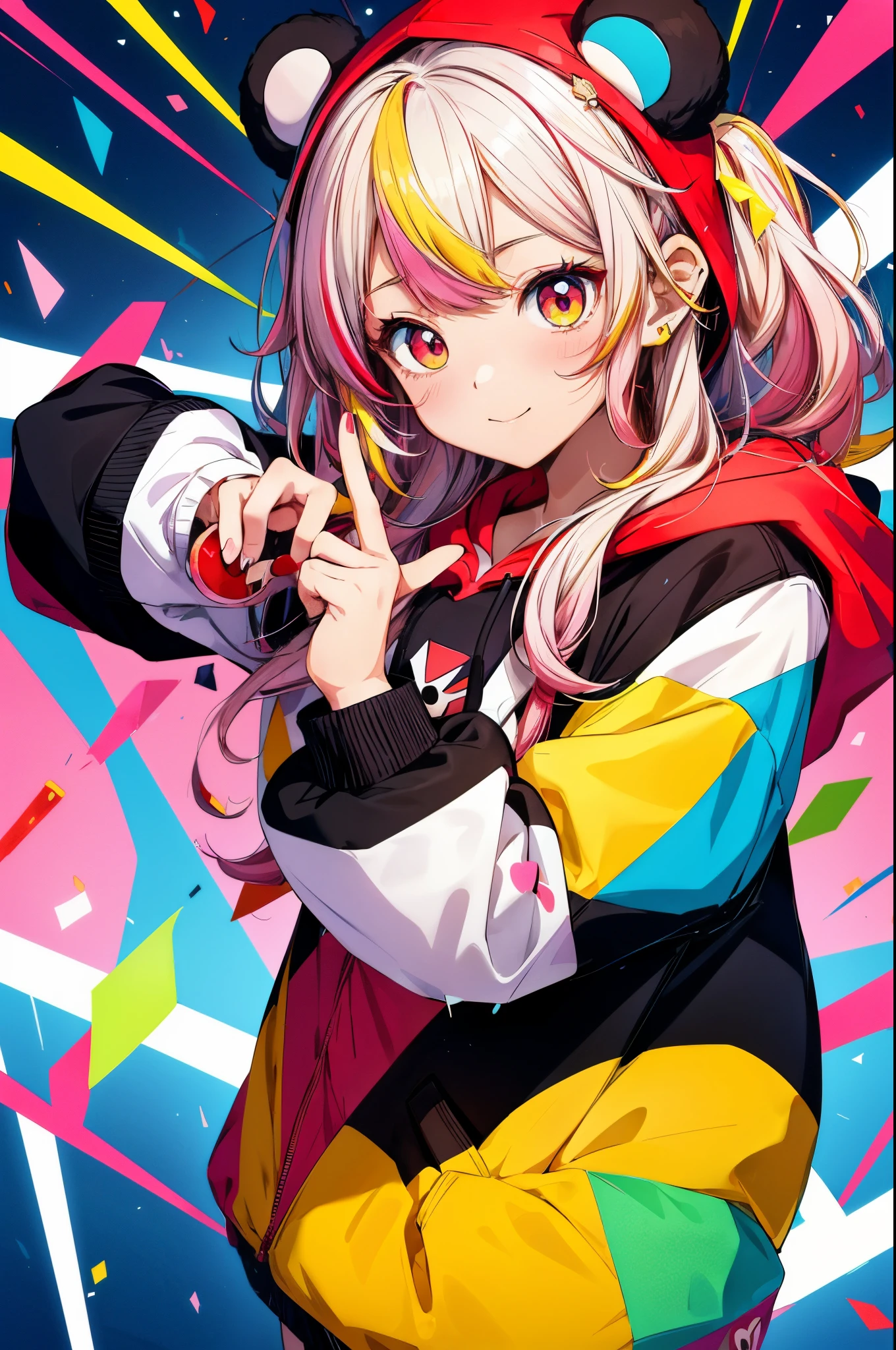 (Anime girls wear red and black hoodies, white, Pink, yellow, Blue confetti on hood, In the style of cute cartoon-like design, Electrical color scheme, Dark white and dark bronze, Vivid color scheme, Happy Expressionism, 20mp, Dynocore), (Anime panda girl in hoodie signing on camera, In the style of colorful mosaics, nightcore, Hard Edge Painting, Pattern Expansion, flickr, Cute and colorful, close-up), (While a small confetti is pouring out、Girl showing index and middle fingers, In a cute art style, Philip Pantone, nightcore, shilin huang, Vivid color scheme, Dark white and dark bronze, Hi-Vision Ministry of Defense), (Girl in panda bear hoodie makes face, In the style of a colorful palette, nightcore, shilin huang, zigzag, uhd image, Aztec art, shiny)