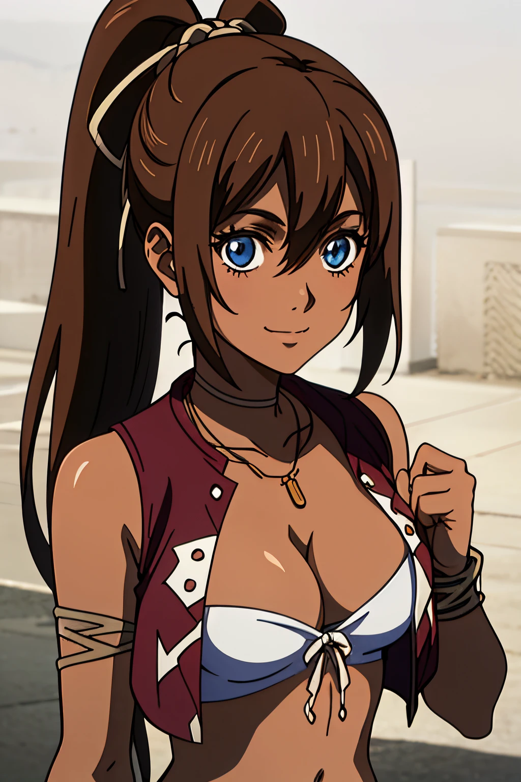 DARK SKIN, DARK-SKINNED FEMALE, BROWN HAIR, HAIR BETWEEN EYES, PONYTAIL, VERY LONG HAIR, BLUE EYES, HAIR RIBBON, CHOKER, NECK RING, NECKLACE, JEWELRY, RED BOWTIE ON CHEST, CLEAVAGE, MEDIUM BREASTS, MIDRIFF, NAVEL, BANDAGES, OPEN VEST, NO STRAPS, BARE SHOULDERS, WAIST SASH, CLOTHES AROUND WAIST, BLUE DENIM SHORTS, CUTOFFS, SHORT SHORTS, RED SLIPPERS, SKINDENTATION, 1girl, solo, upper body, facing viewer, looking at viewer, smile,